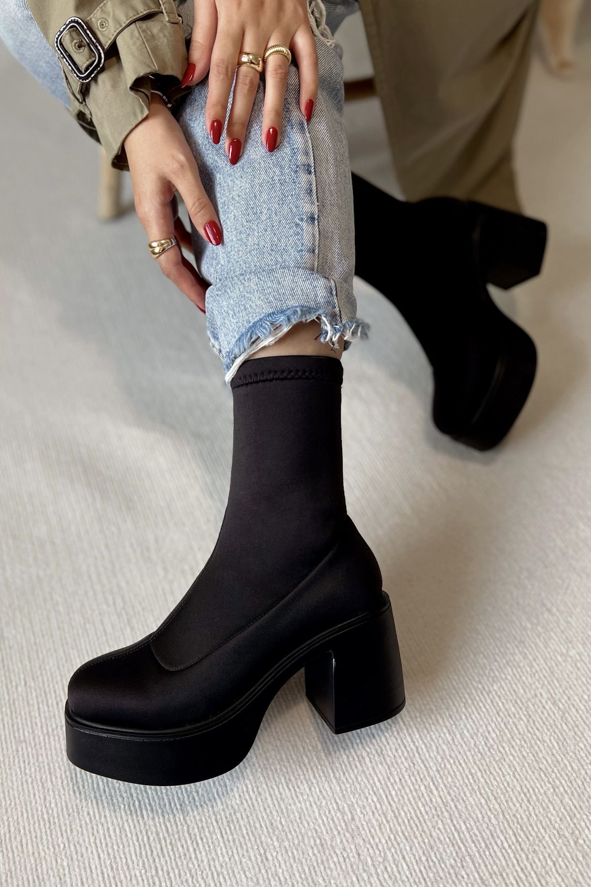 POLKA STORE-Cizme Punk Stretch Tocuri Platformă Ghete Damă Piele Neagră Mată 4