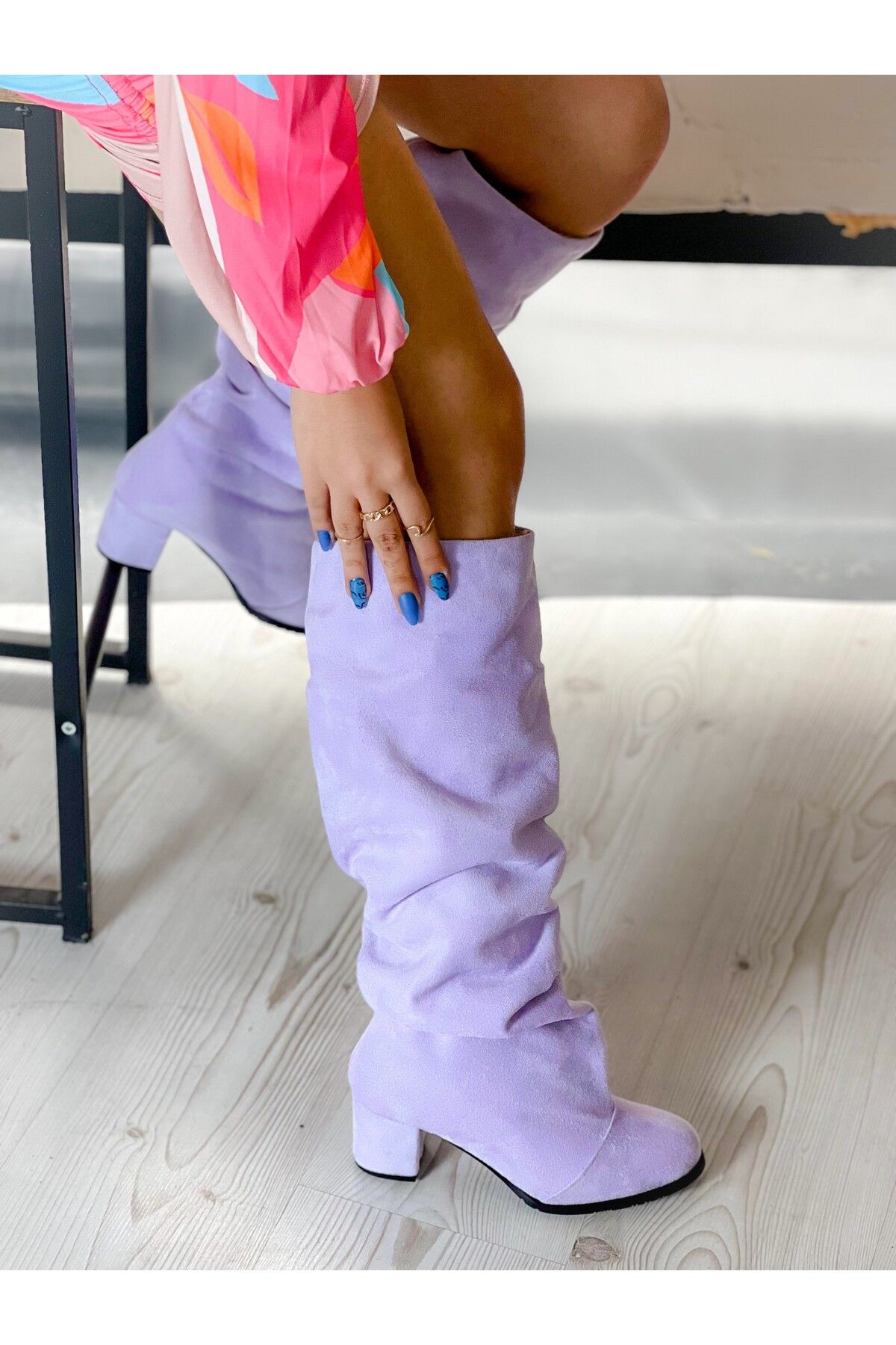 irmona Pus Lilac Luxury Suede Bellows Below the Knee Boots Trendyol