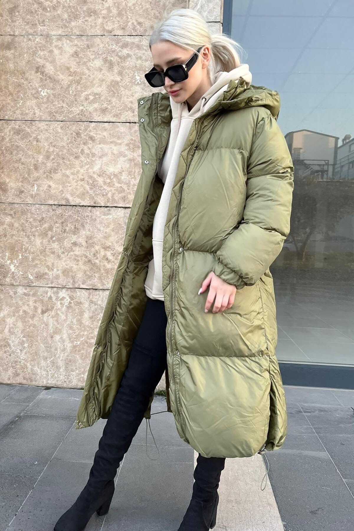Khaki long winter coat clearance