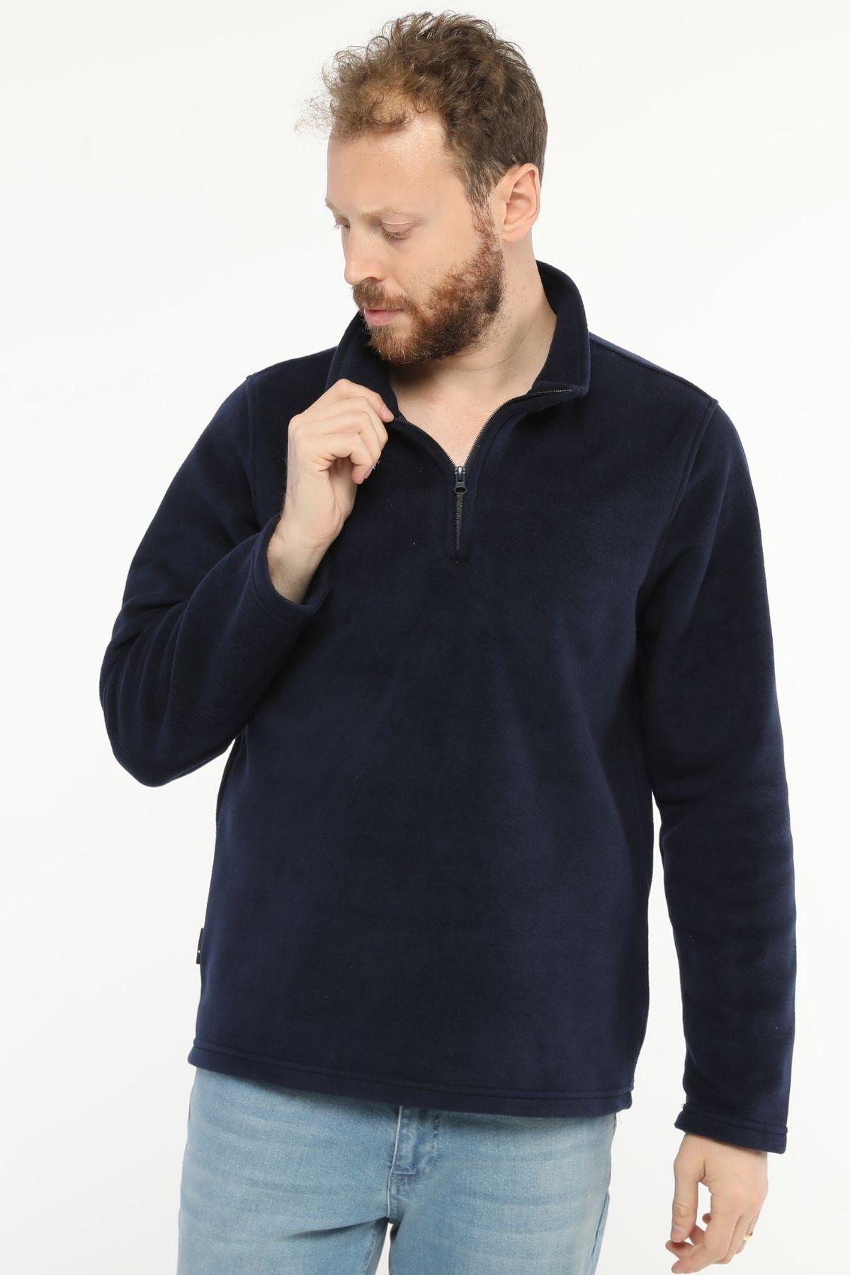 Uniprom-Men's Regular Cut Stand Collar Half Zipper Fleece Sweatshirt Navy Blue 5