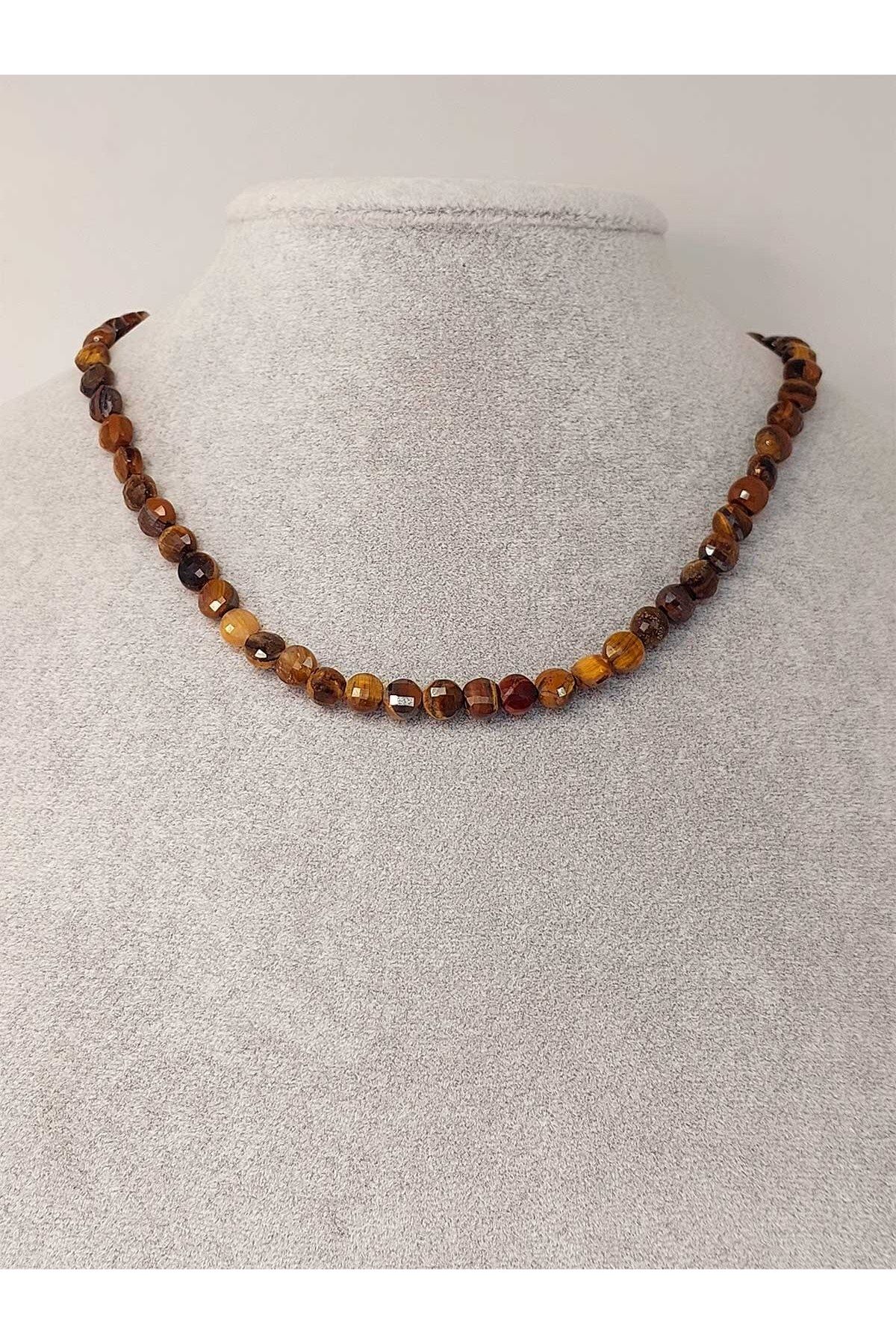 Yasamtohumu-YASSI Facet Cut Tiger Eye Stone Necklace - 6x4mm with Fixed Clip 8