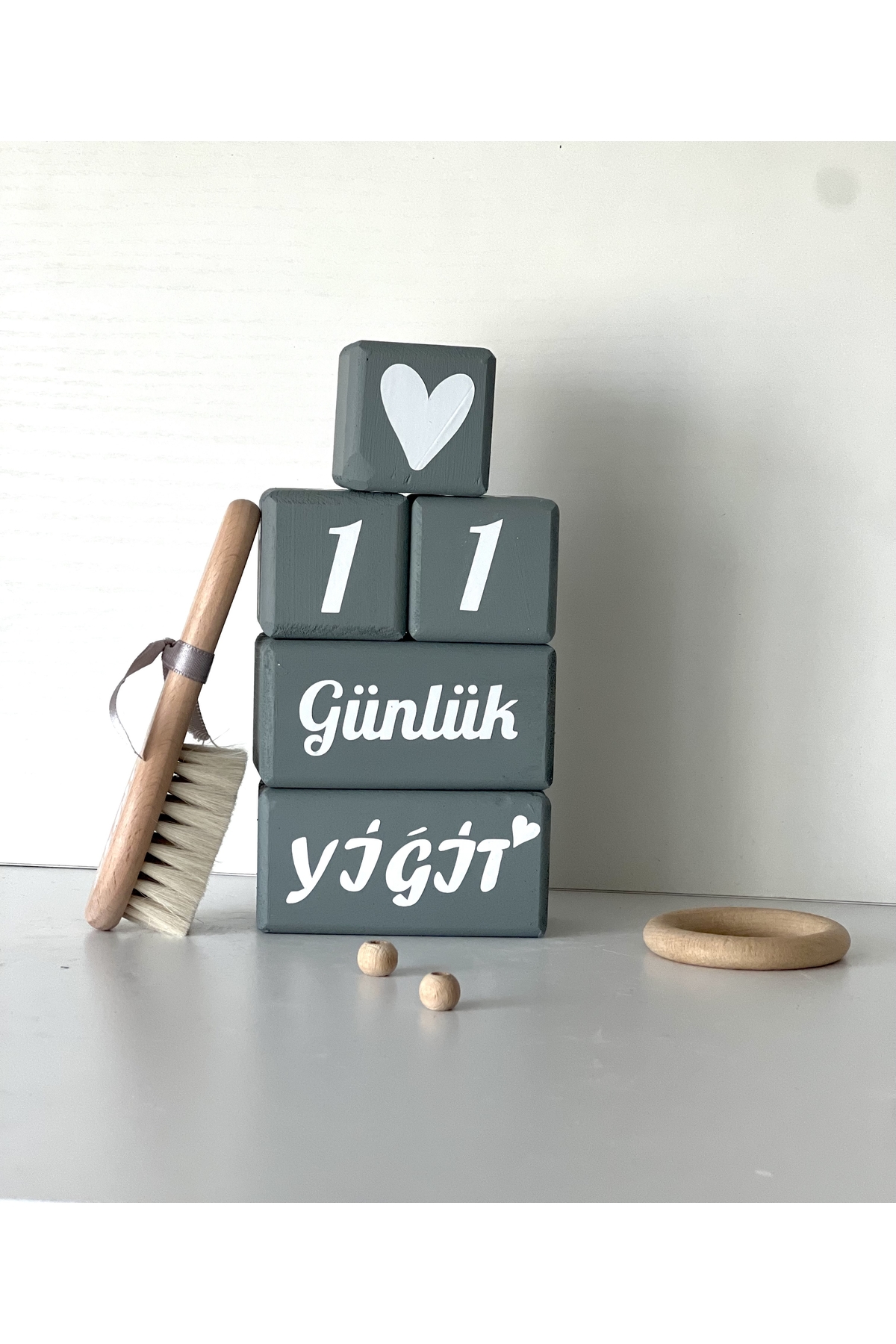 Anne bebek anı küpü isimli set Türkçe gri beyaz yazılı dekor bebek saç fırçalı set