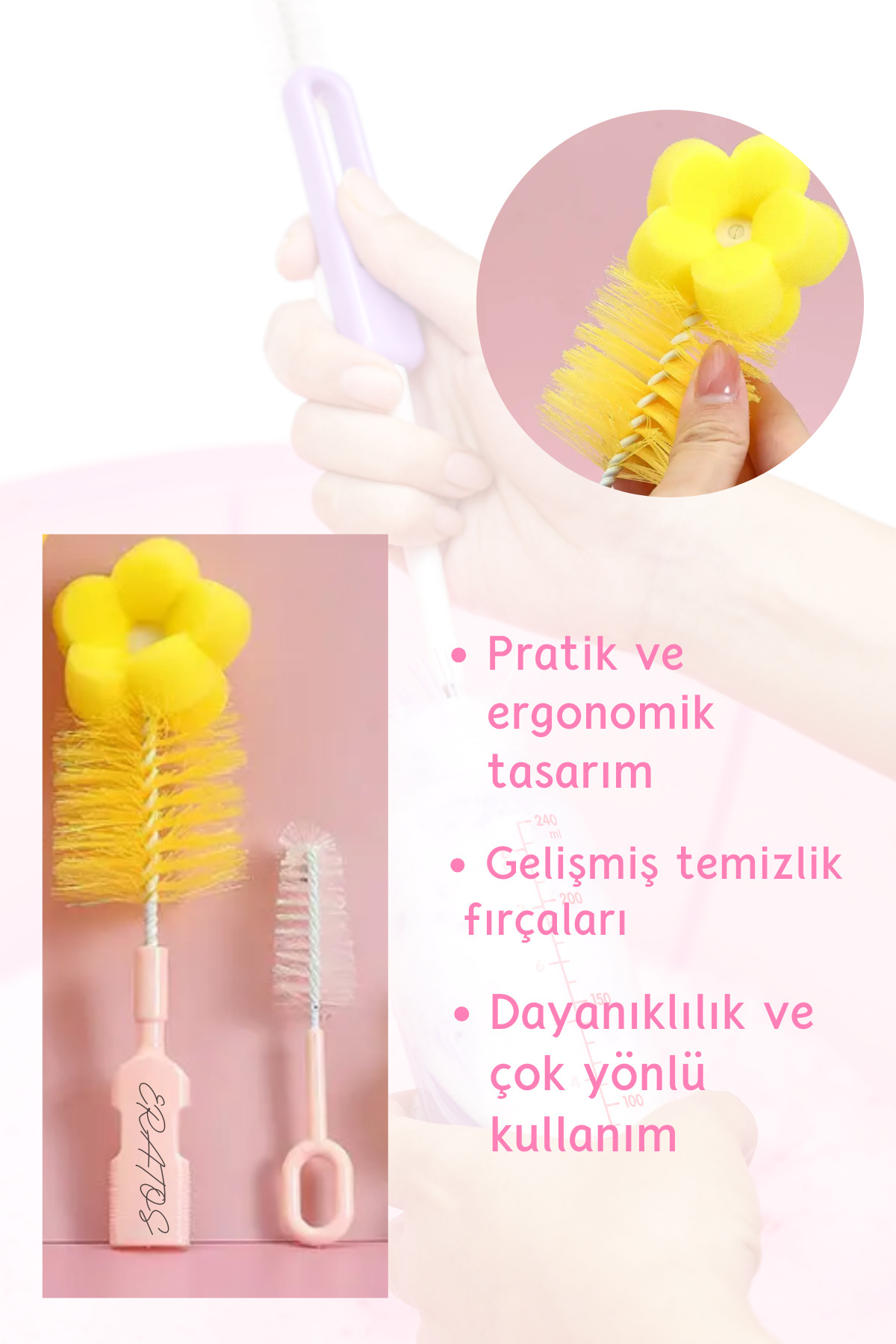ERATOS Biberon ve Biberon Emziği Temizleme Seti- Sünger ve Fırça Yardımıyla Pratik Temizlik-Pembe Renkli fotoğrafı 2 (önizleme)
