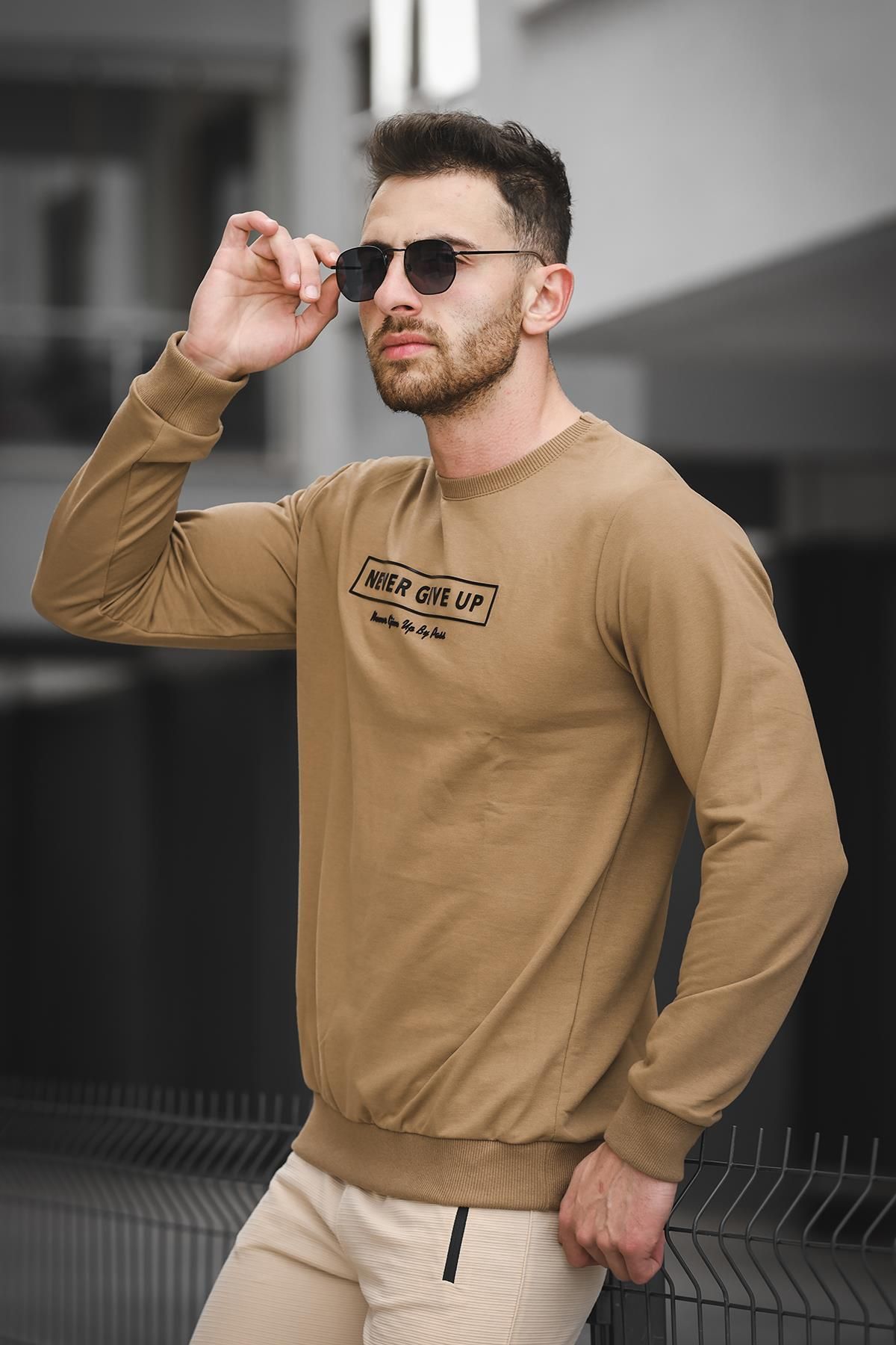Oksit Never Give Up Printed Slim Fit Lycra Crew Neck Men s