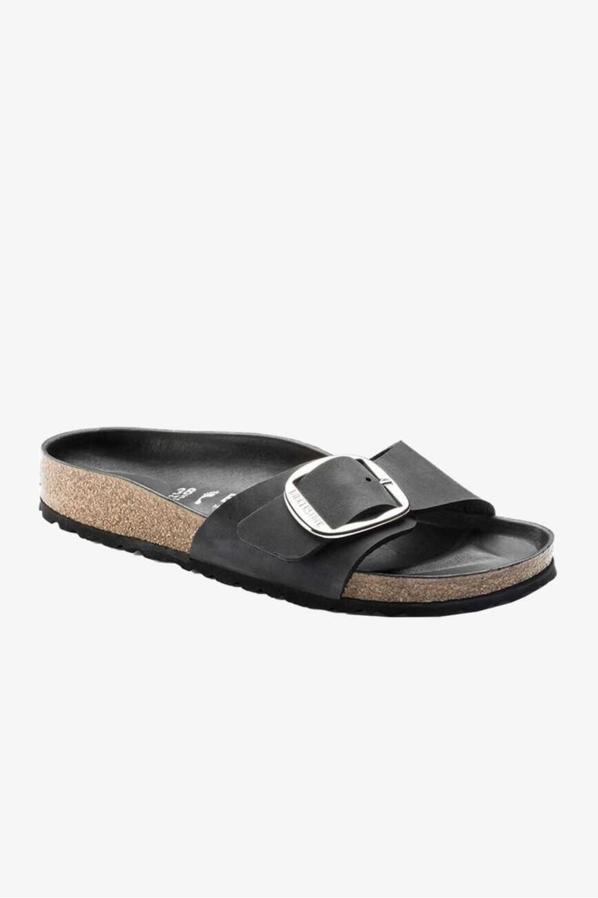 دمپایی زنانه مشکی طرح Big Buckle مدل Madrid مدل Fl کد 1006523-20026 بیرکن استاک دمپایی Birkenstock