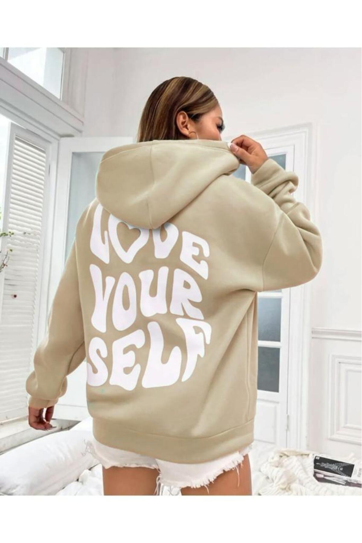 Combineman35 Жіночий кремовий світшот з капюшоном і написом «Love Yourself»