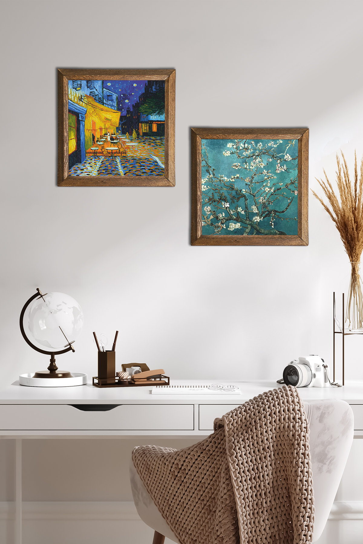 Van Gogh Café Terrace Night, Almond Tree Stone Wall Table Wooden Framed Wall Decor - W2-374-