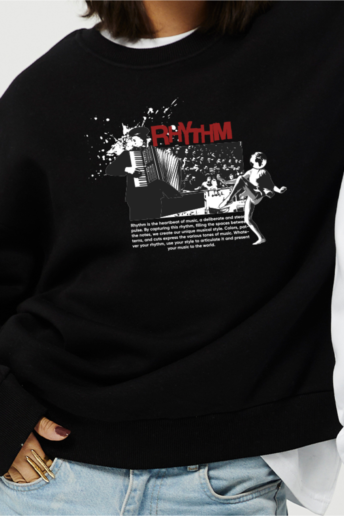 Eazy Co-Hanorac gros unisex negru cu gât crew Eazy Rhytm 3