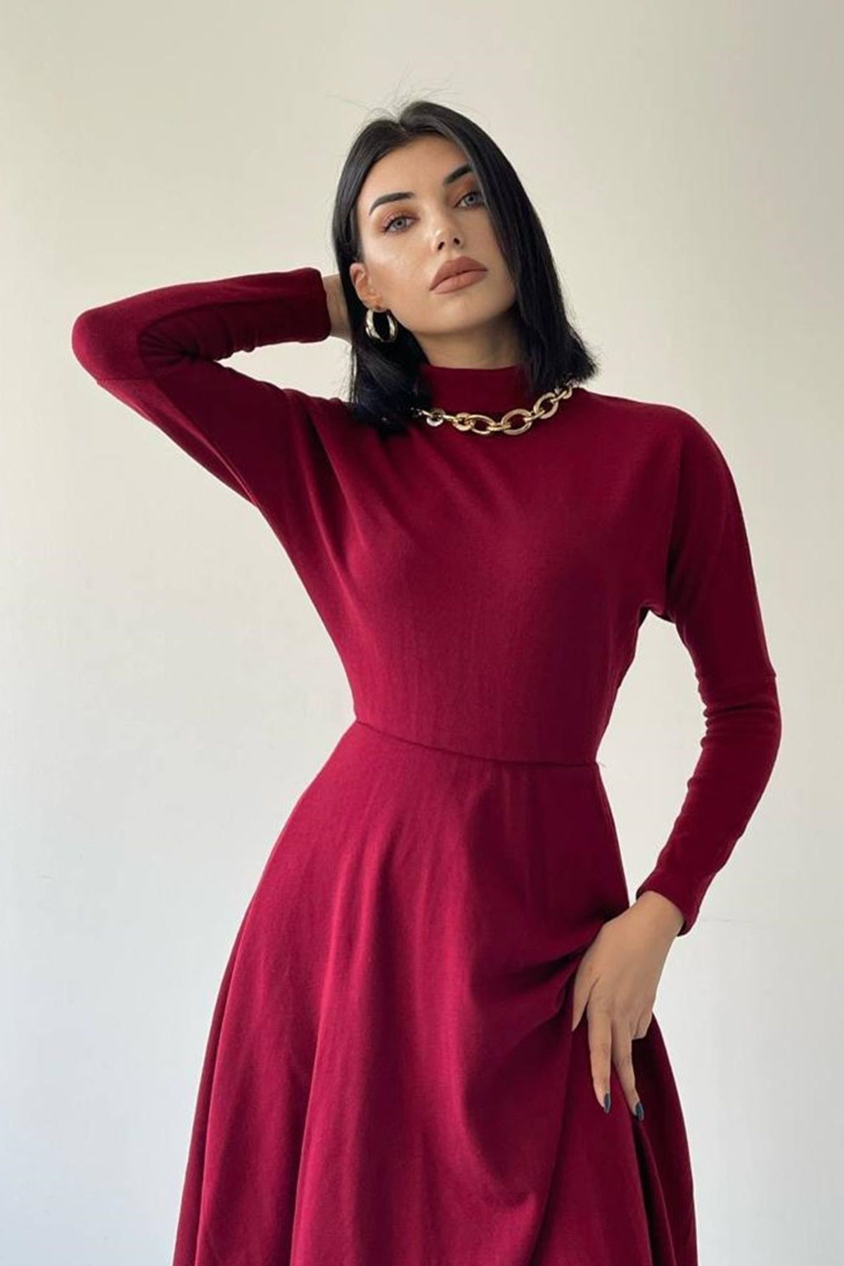 lovebox Women s Burgundy Stretchy Knitwear Fabric High Collar Long