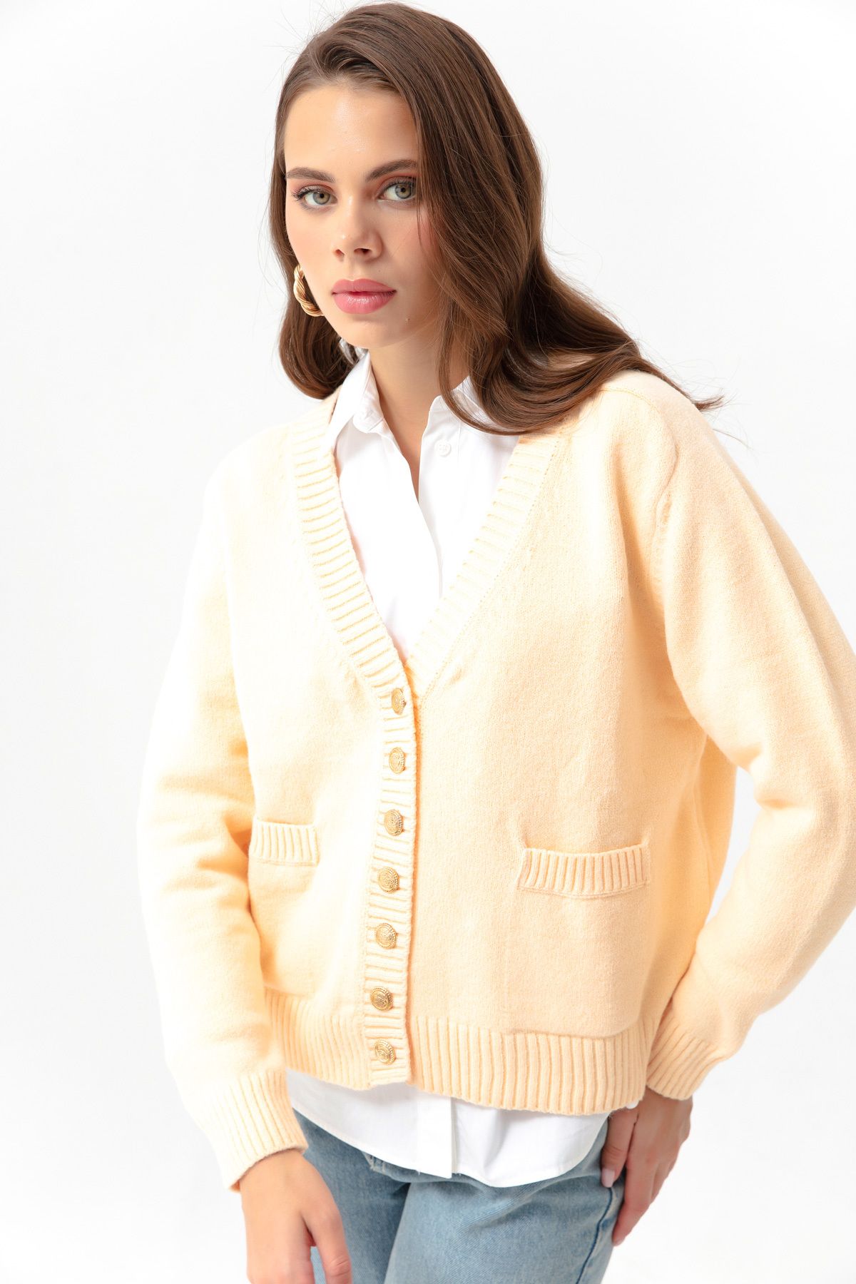 Lafaba Women s Salmon Gold Buttoned Knitwear Cardigan
