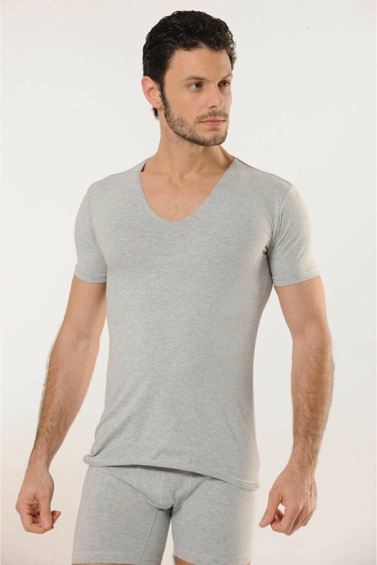 Hmd 713 Deep V Neck Short Sleeve Lycra T shirt Gray Trendyol