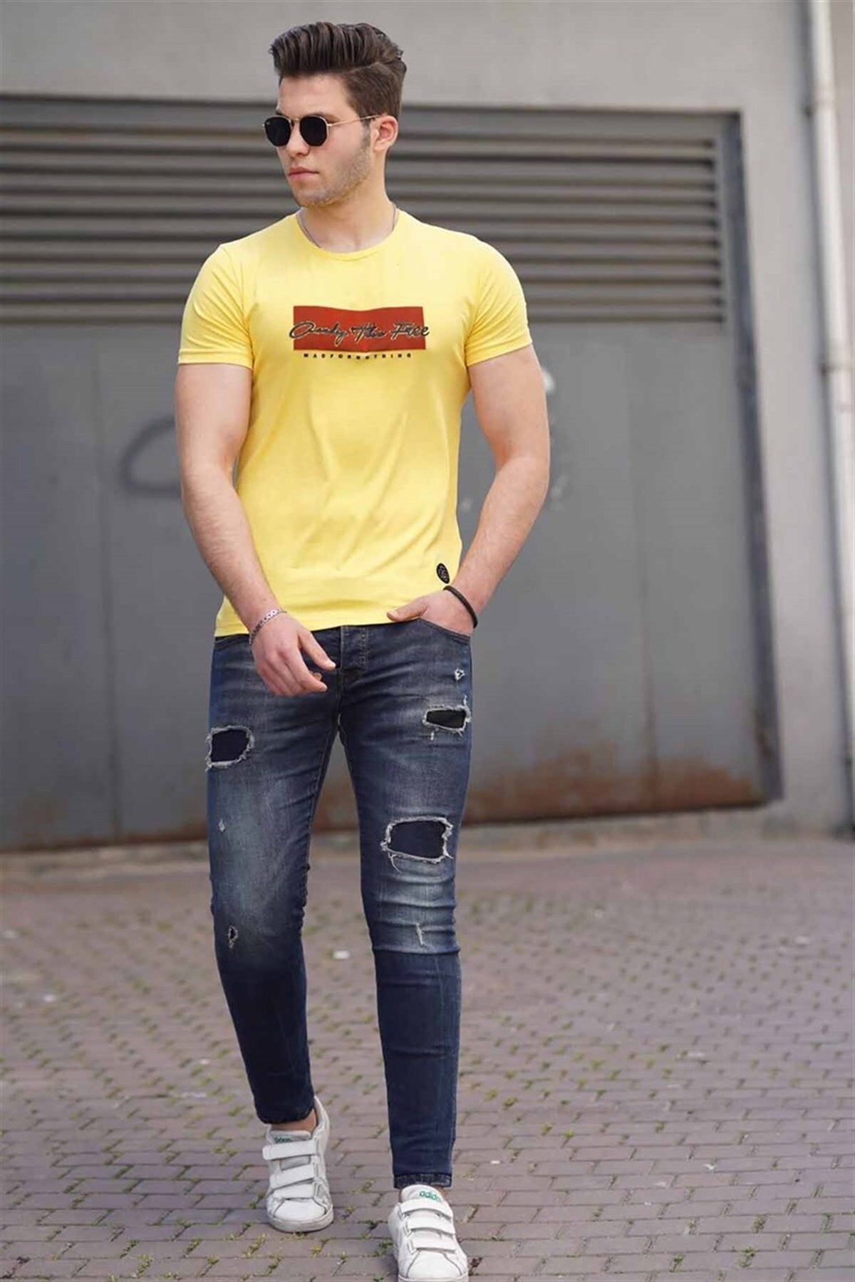 Madmext تی شرت مردانه زرد چاپ شده 4589