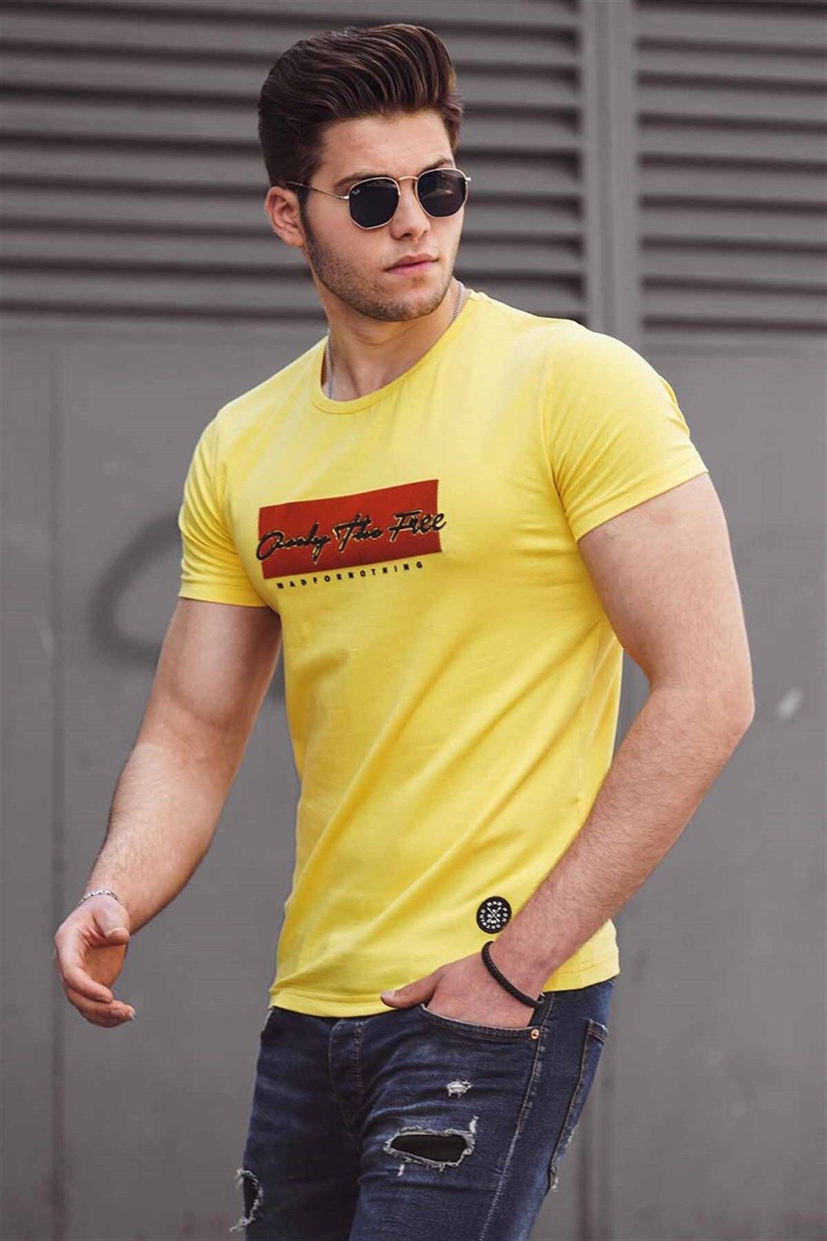 Madmext تی شرت مردانه زرد چاپ شده 4589