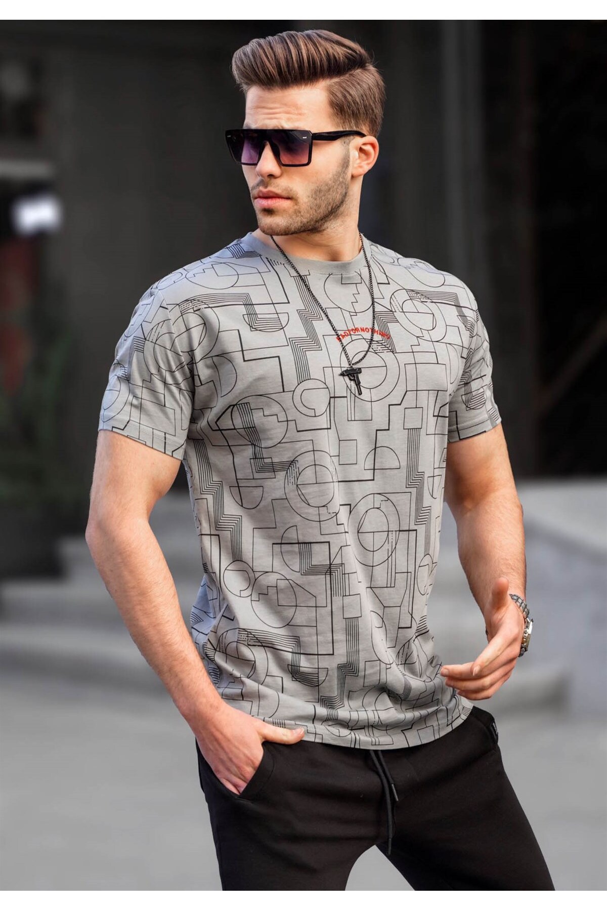 Madmext تی شرت مردانه با طرح باریک خاکستری رنگ شده 6074
