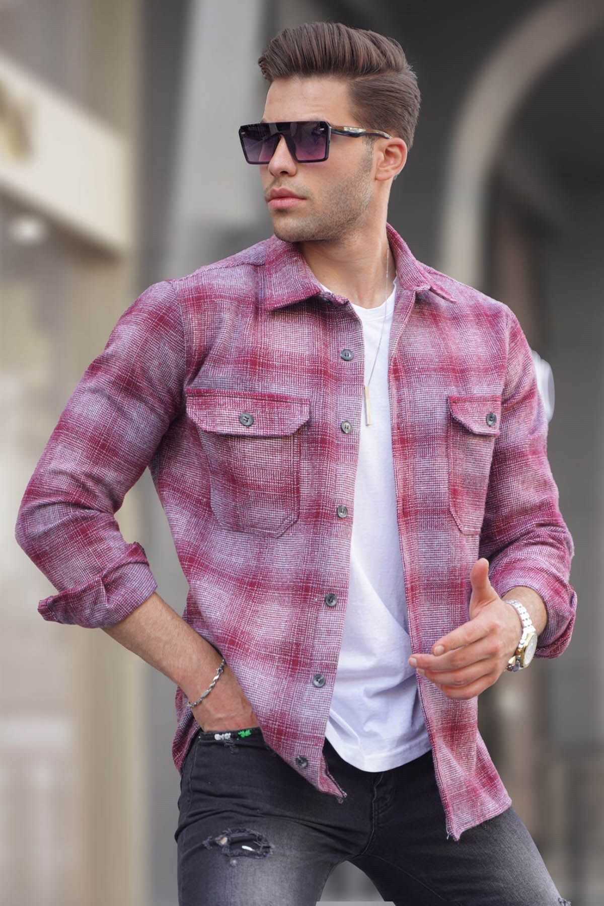 ژاکت پشمی طرح چهارخانه ابروبادی یقه پیراهنی مدل آستین بلند جیب دار مردانه مدمکست Madmext (برند ترکیه)