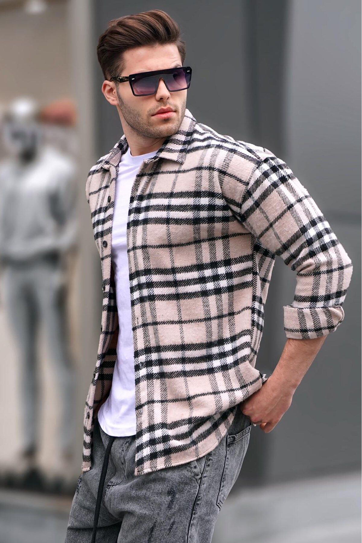 پیراهن مدل دکمه ای یقه پیراهنی طرح چهارخانه آستین بلند مردانه مدمکست Madmext (برند ترکیه)