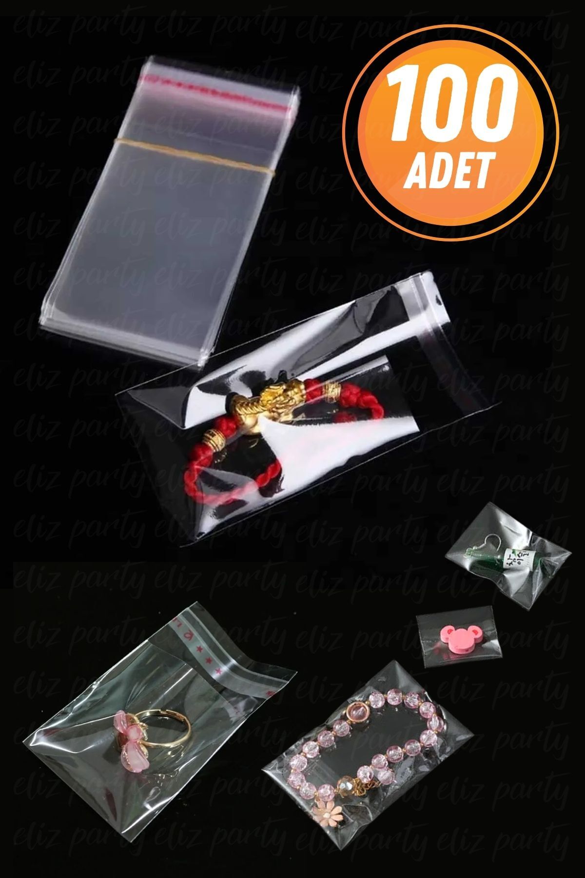 Eliz Party 4.5x10cm Şeffaf Bantlı Yapışkanlı Opp Parlak Jelatin Poşet Bijuteri Aksesuar Paketleme Poşeti 100 Ad