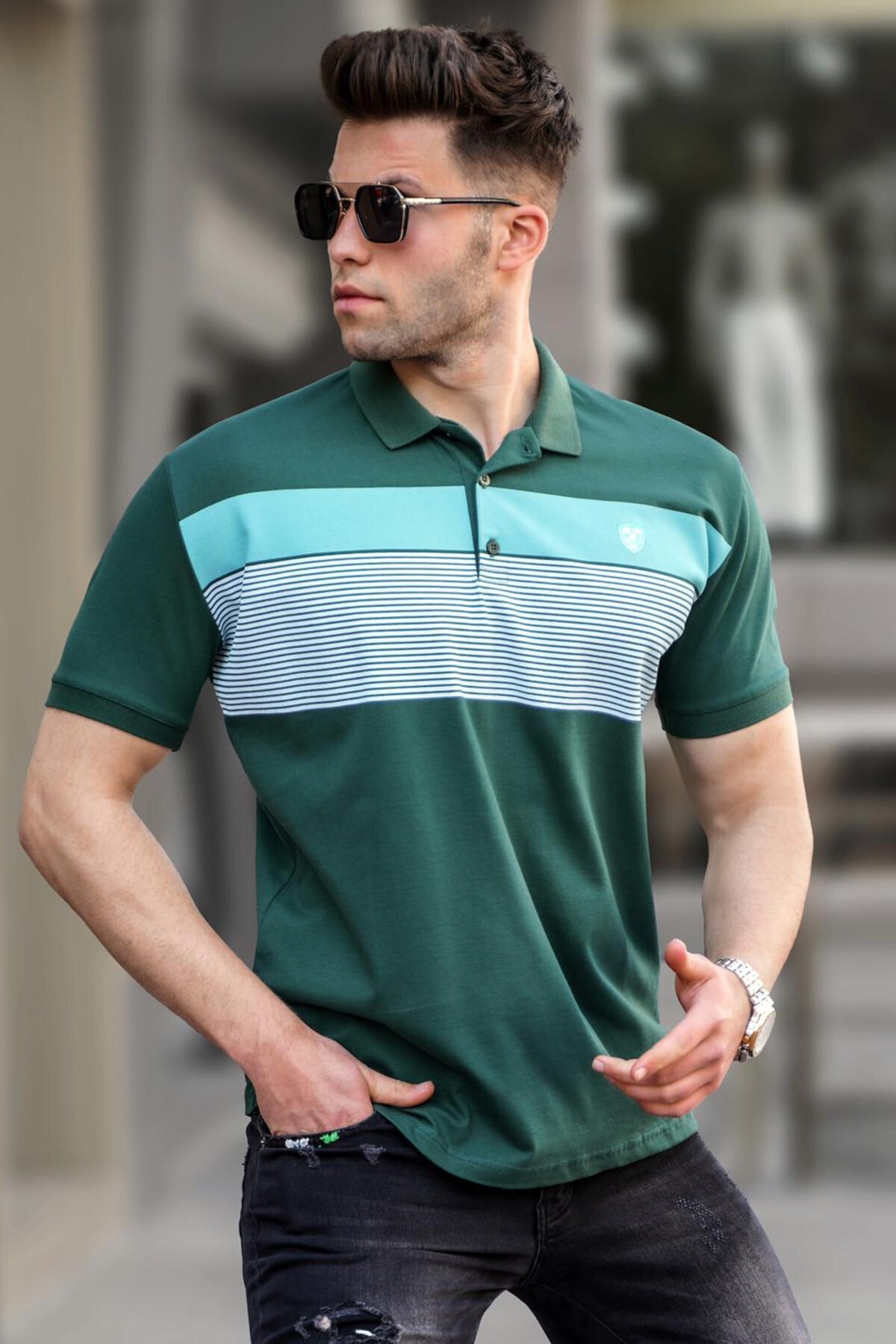 Men's Textured Striped Green Knitted Short Sleeve Polo T-Shirt