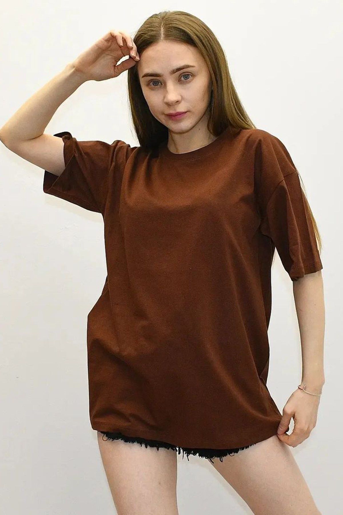 Madmext تی شرت زنانه سایز اورسایز چاپ شده پشت قهوه ای MG1529