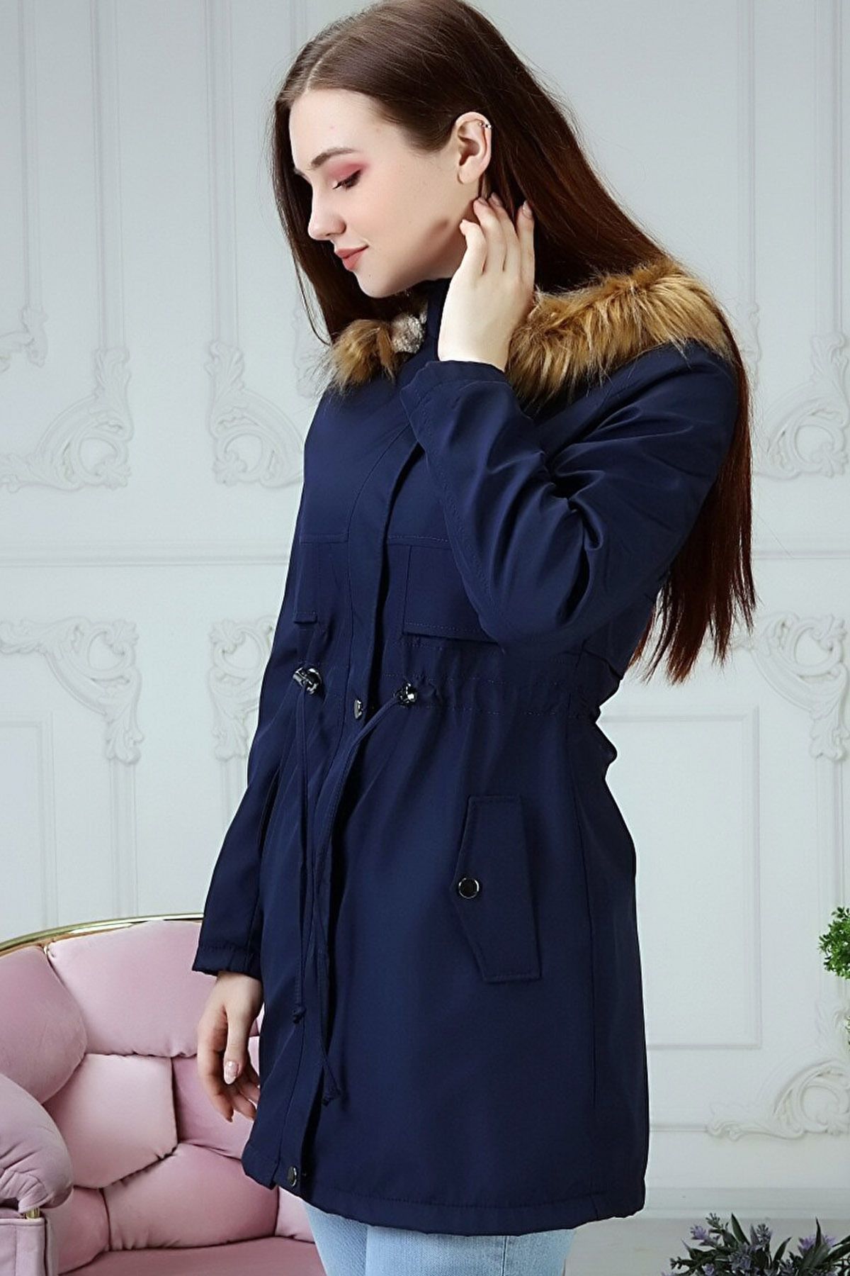 CoolLook-Long Sleeve Midi Length Basen Sweater Coat with Drawstring Waist and Fur Inside Chest Detail Pockets 6