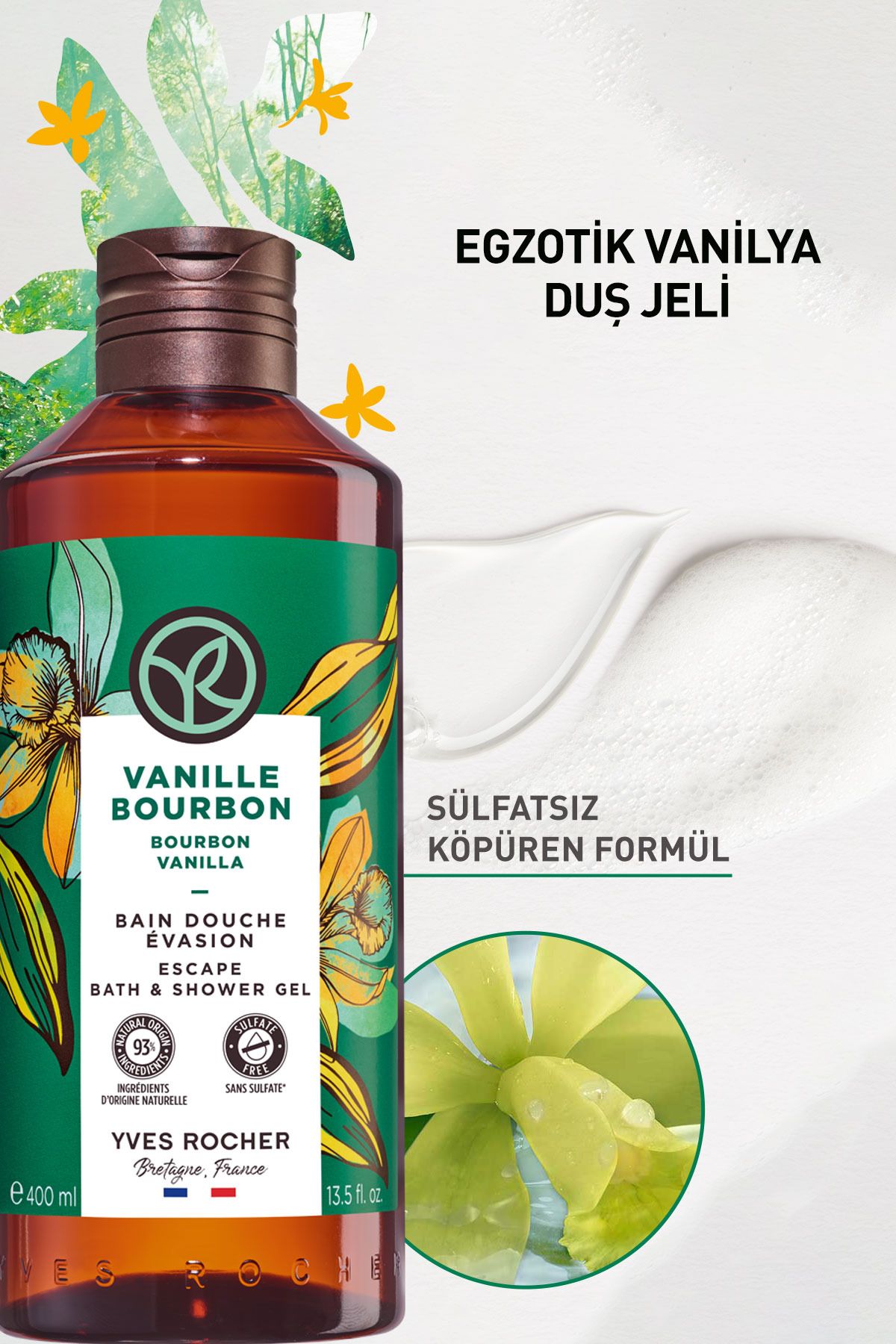 Yves Rocher ژل دوش مرطوب کننده Exotic Vanilla رایحه وانیل 400میل