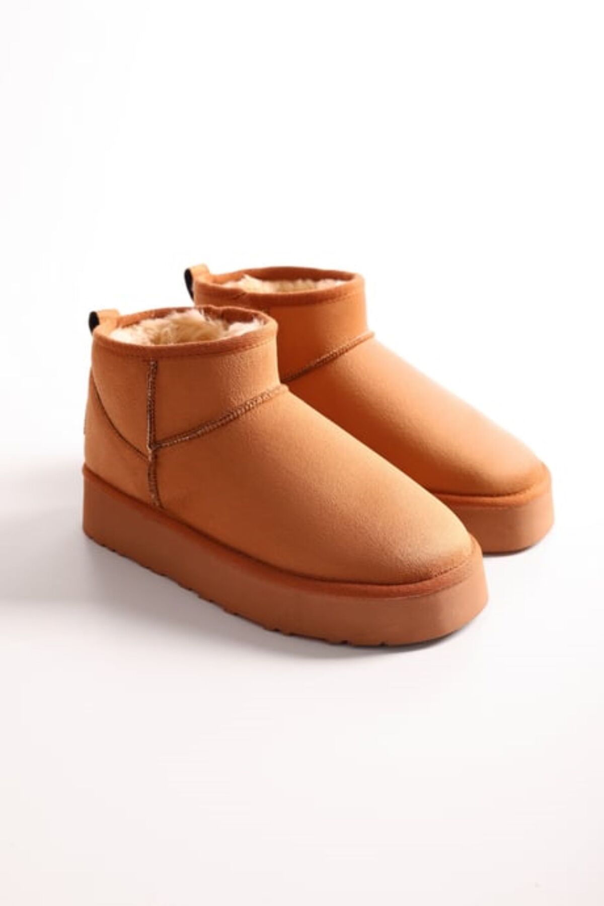 SOLMAZ-UGGYS TAN SHORT SUEDE BOOTS WITH FEATHER INSIDE 4