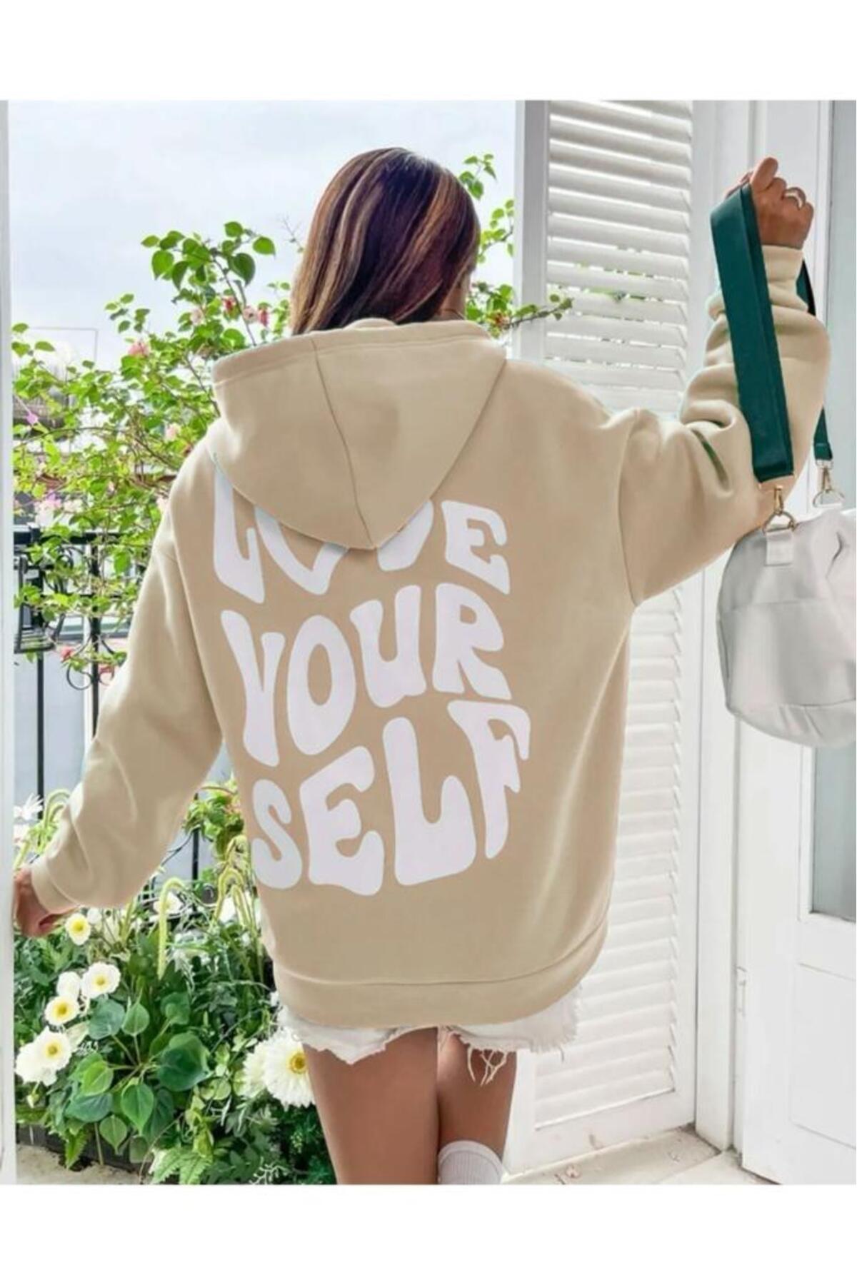 Combineman35 Жіночий кремовий світшот з капюшоном і написом «Love Yourself»