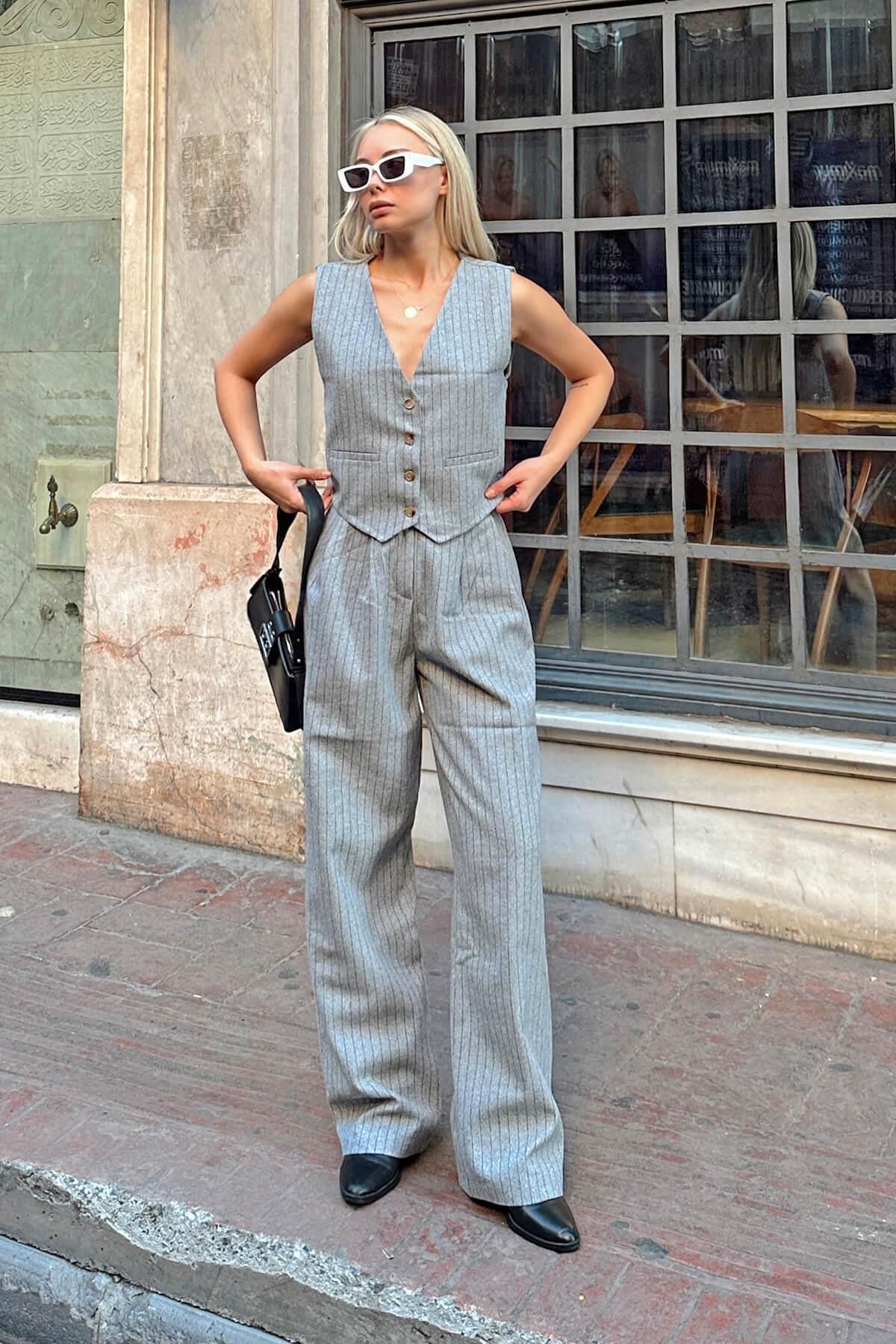 Grey striped sale jumpsuit