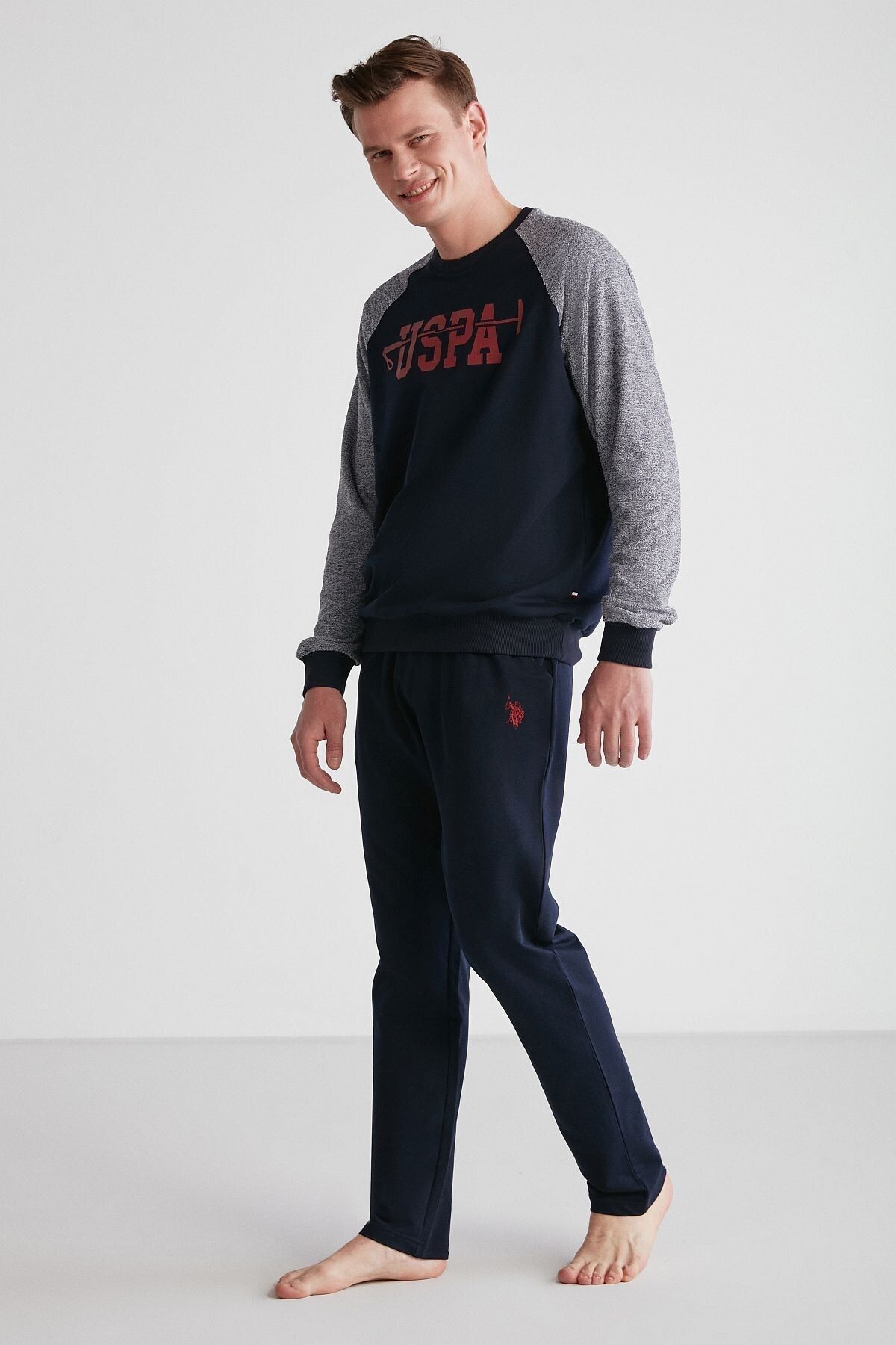 ست پیژامه آبی مردانه پایه. پولو اسن. لباس خواب آستین بلند یقه گرد U.S. Polo Assn.