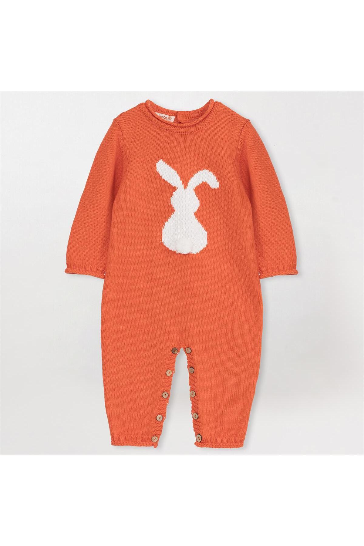 Minora Kız/Erkek Bebek Kışlık Triko, Yumuşak Örgü,Ponponlu Tavşan Tulum Oranj fotoğrafı 2 (önizleme)