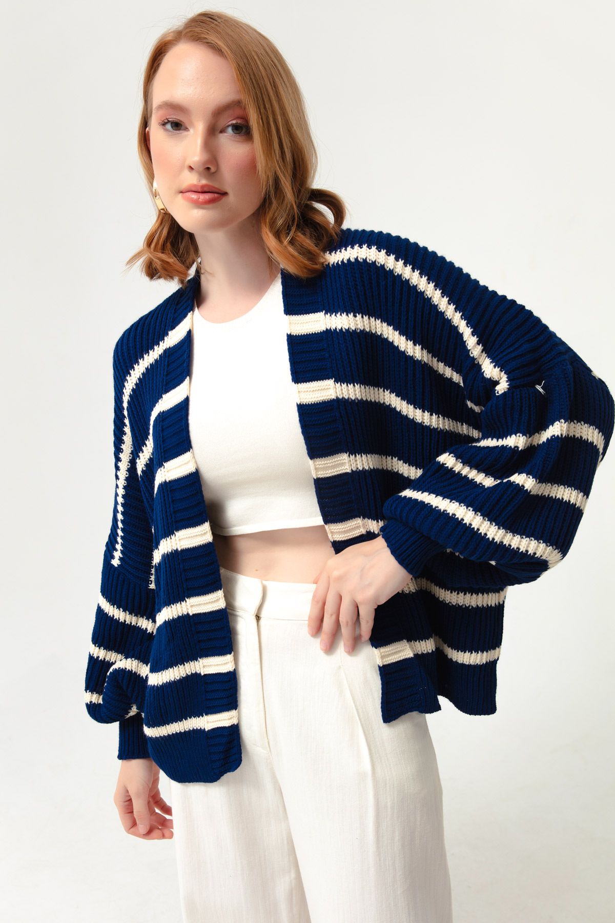 Lafaba Women s Navy Blue Oversize Striped Knitwear Cardigan Trendyol