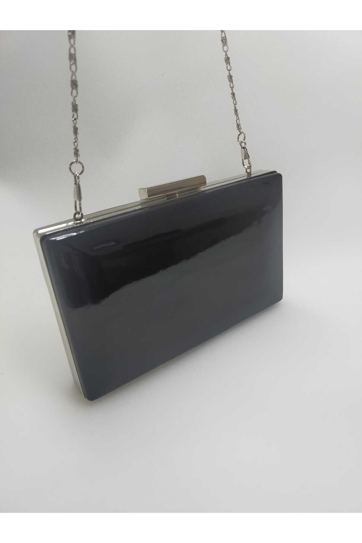 bsc BLACK patent leather evening dress bag with silver case Trendyol