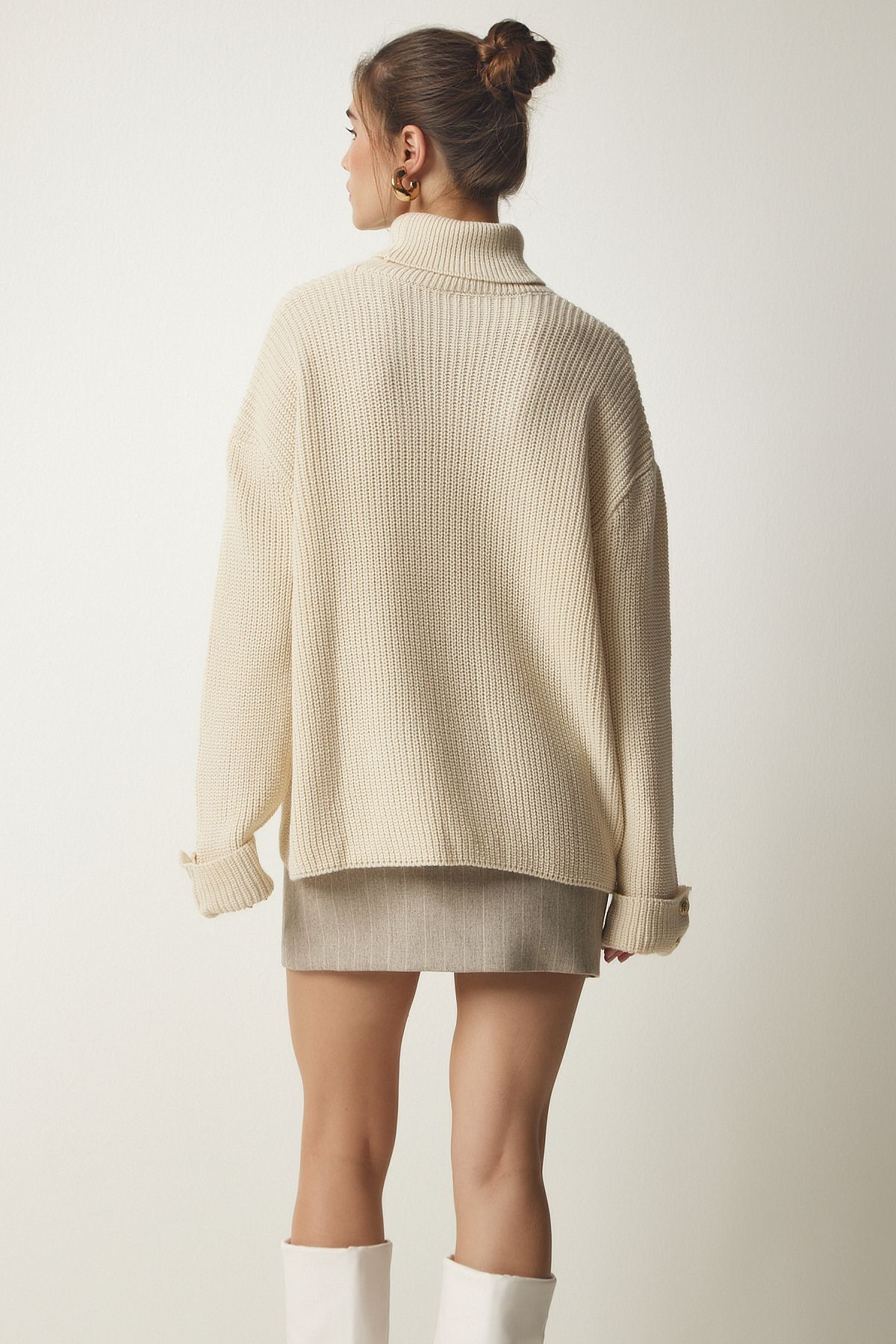Happiness İstanbul-Women's Cream Button Detailed Turtleneck Oversize Knitwear Sweater YY00183 6