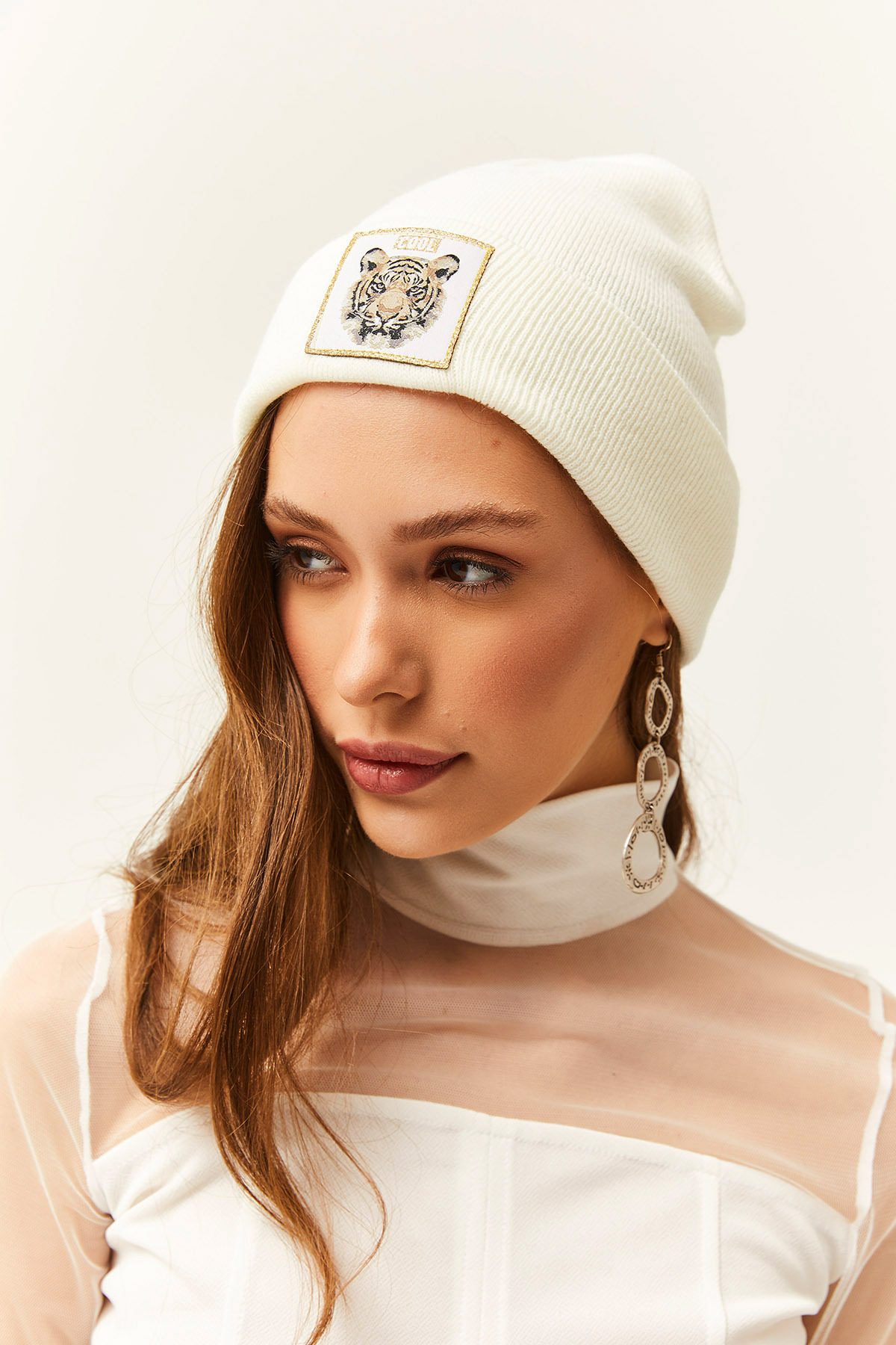 Women's Ecru Tiger Embroidered Knitwear Beanie