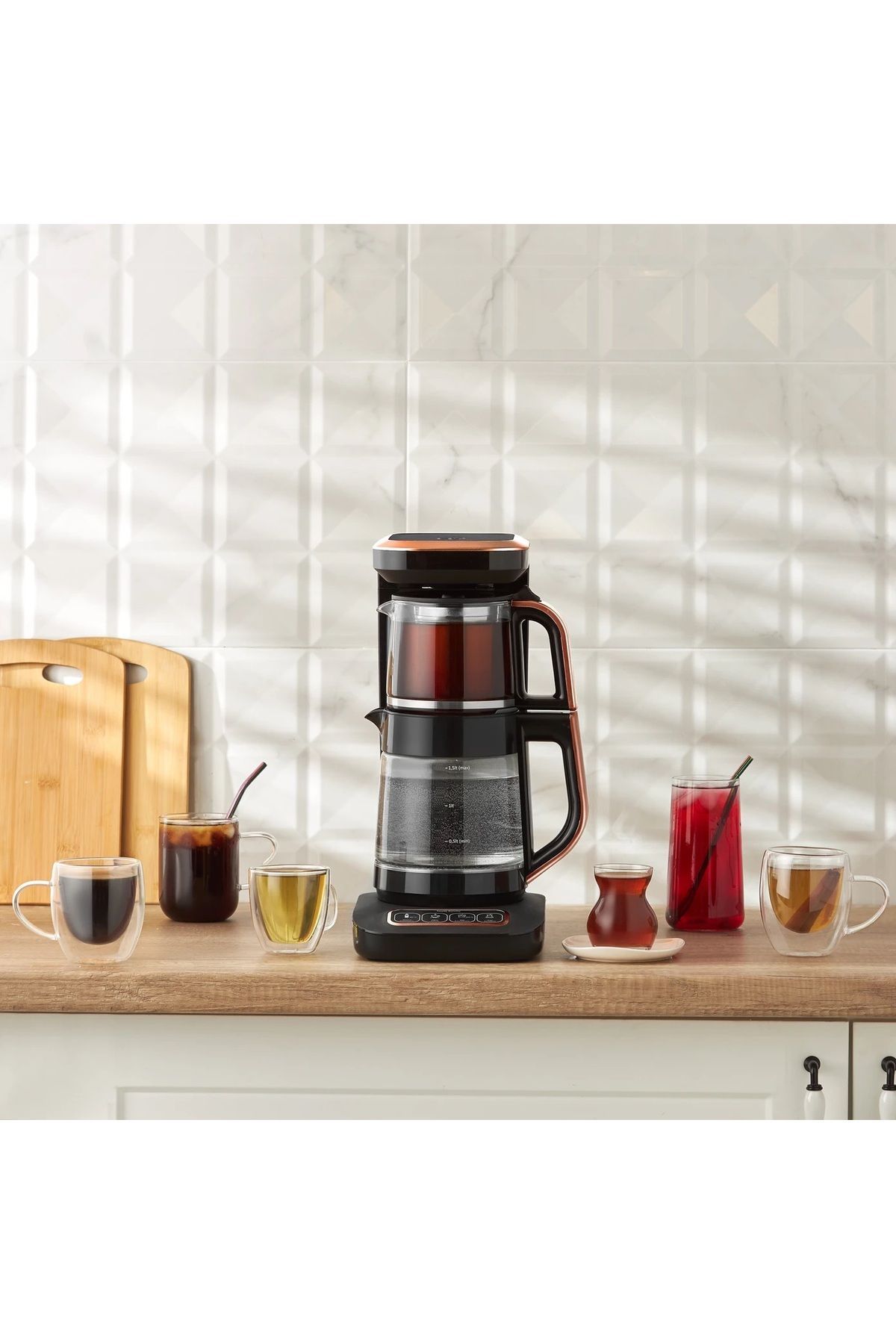 Çaysever Robotea Pro 4 in1 Konuşan Çay Makinesi Su Isıtıcı Filtre Kahve Makinesi Black Copper