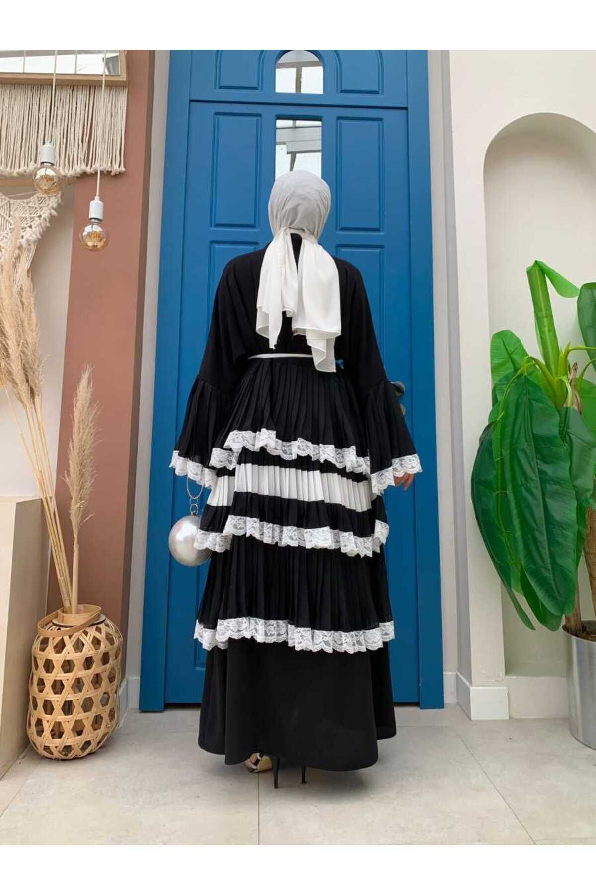 Bym Fashion-Sleeve Cuffs and Skirt Layered Lace Look Abaya 7807 Black 4