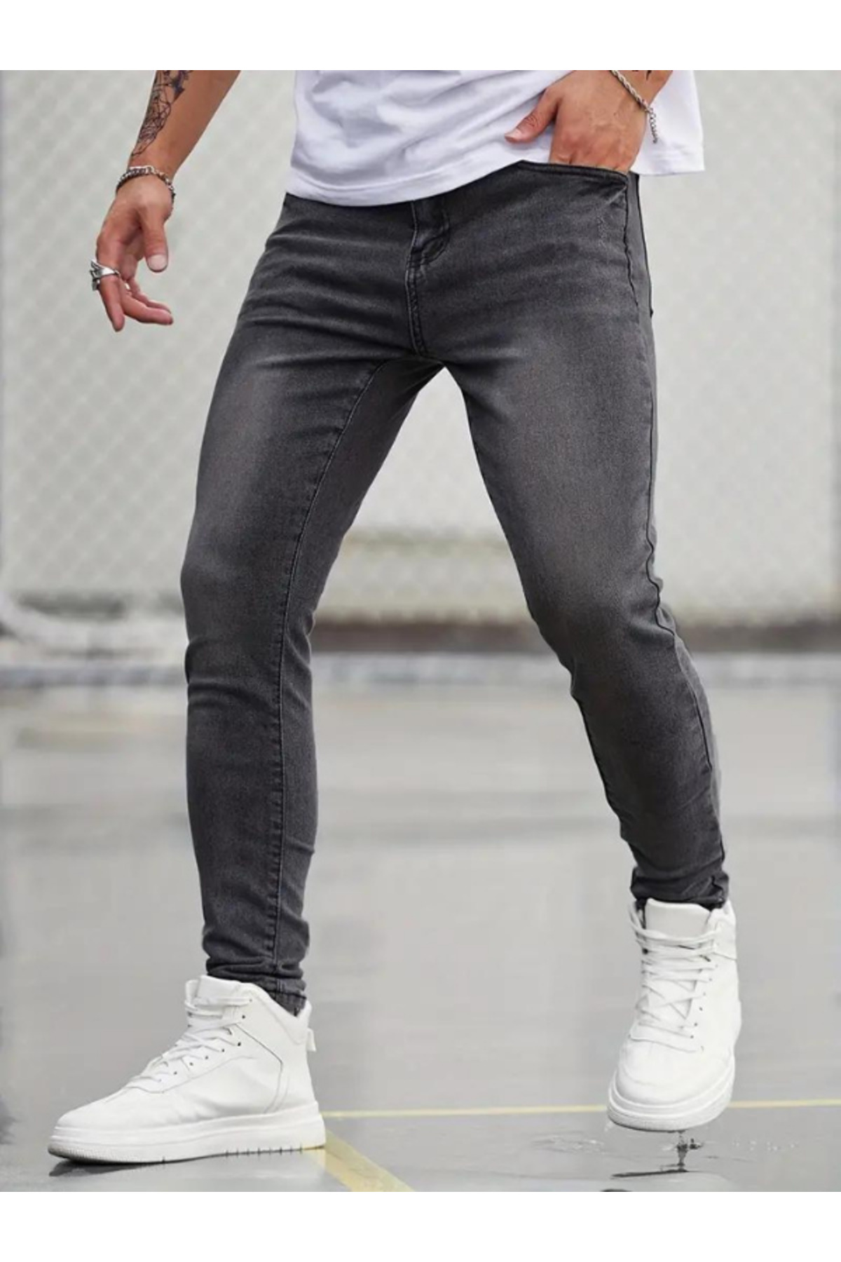 Erkek Gri Slim Fit Likralı Dar Paça Kot Pantolon Denim Jean