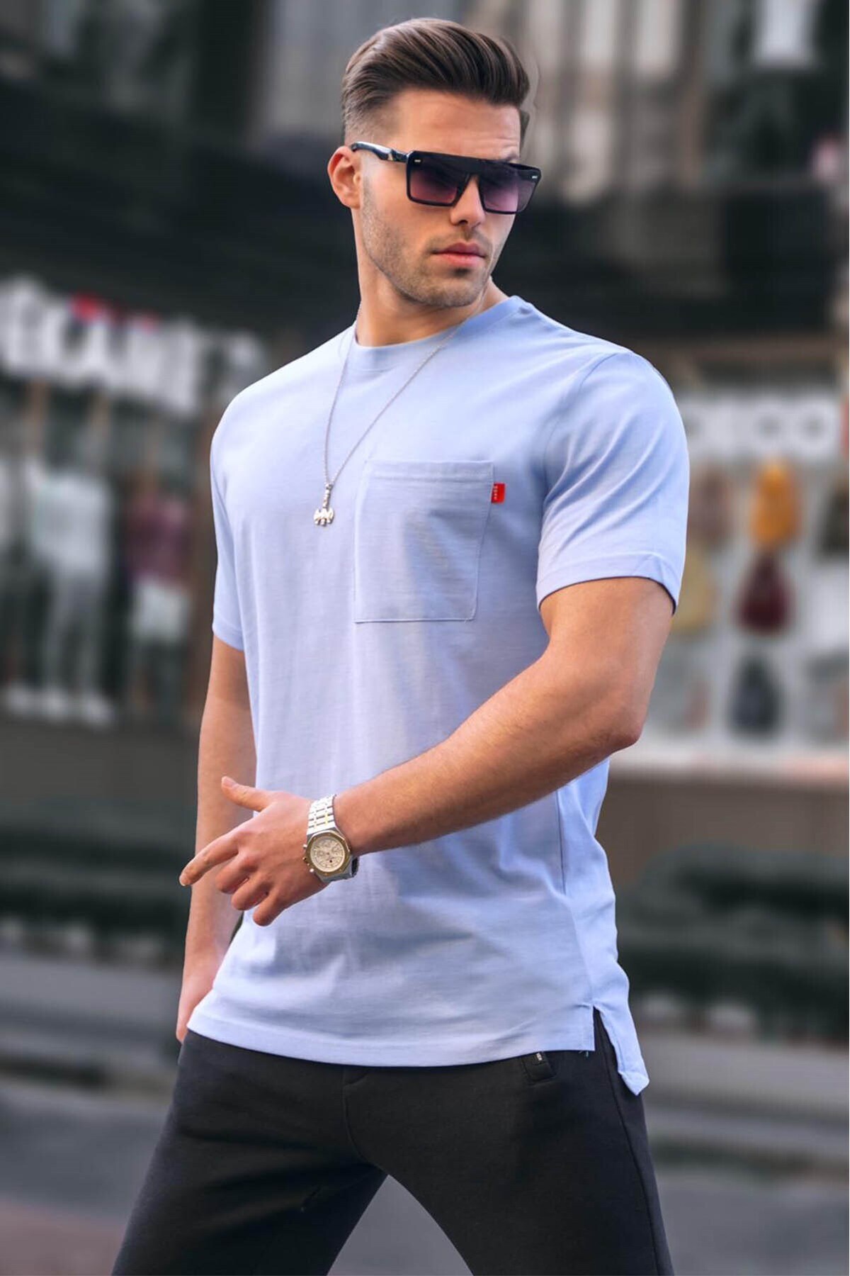 تیشرت مردانه پایه دار خاکستری رنگ شده جیب دار