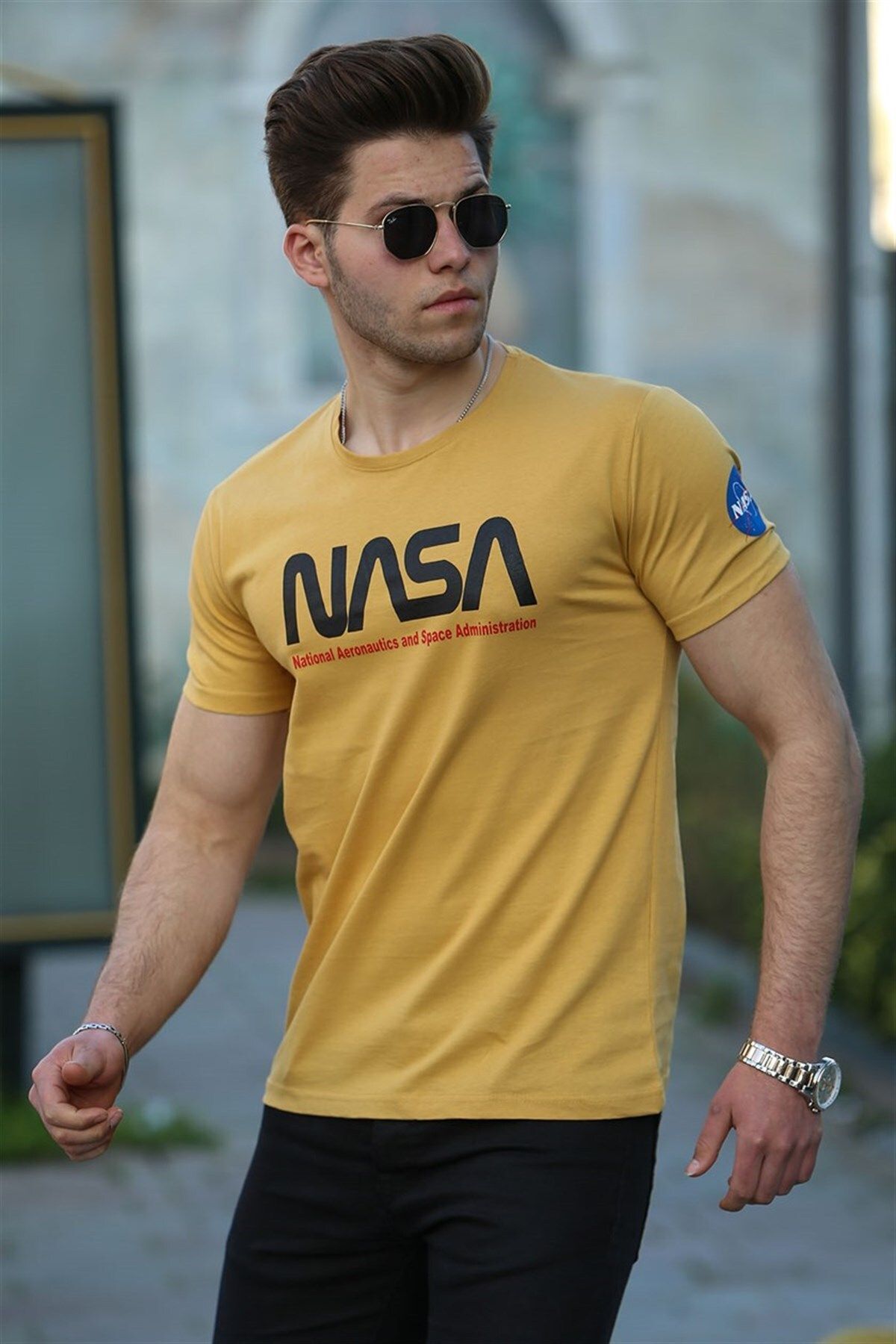 Madmext تی شرت مردانه زرد چاپ شده 4525