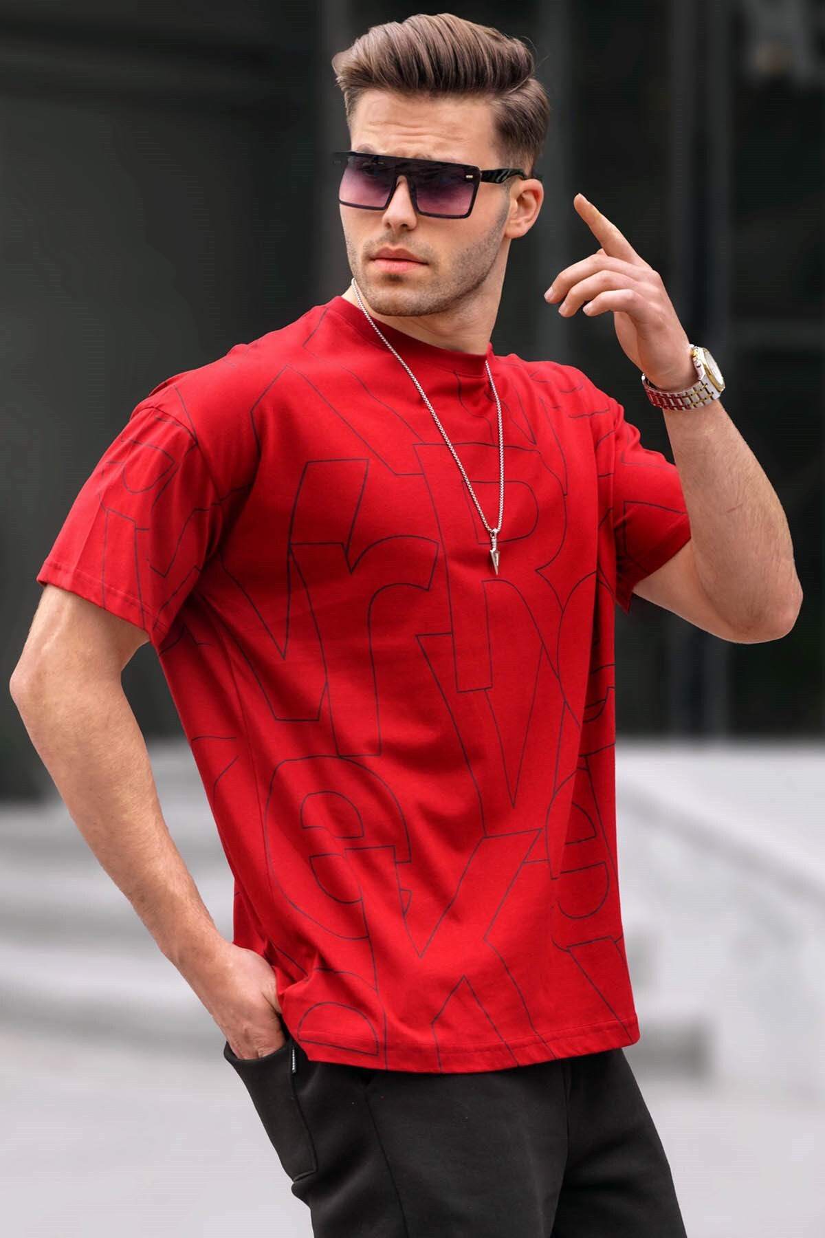 Madmext تی شرت یقه خدمه طرح دار کلارت قرمز مردانه 6061