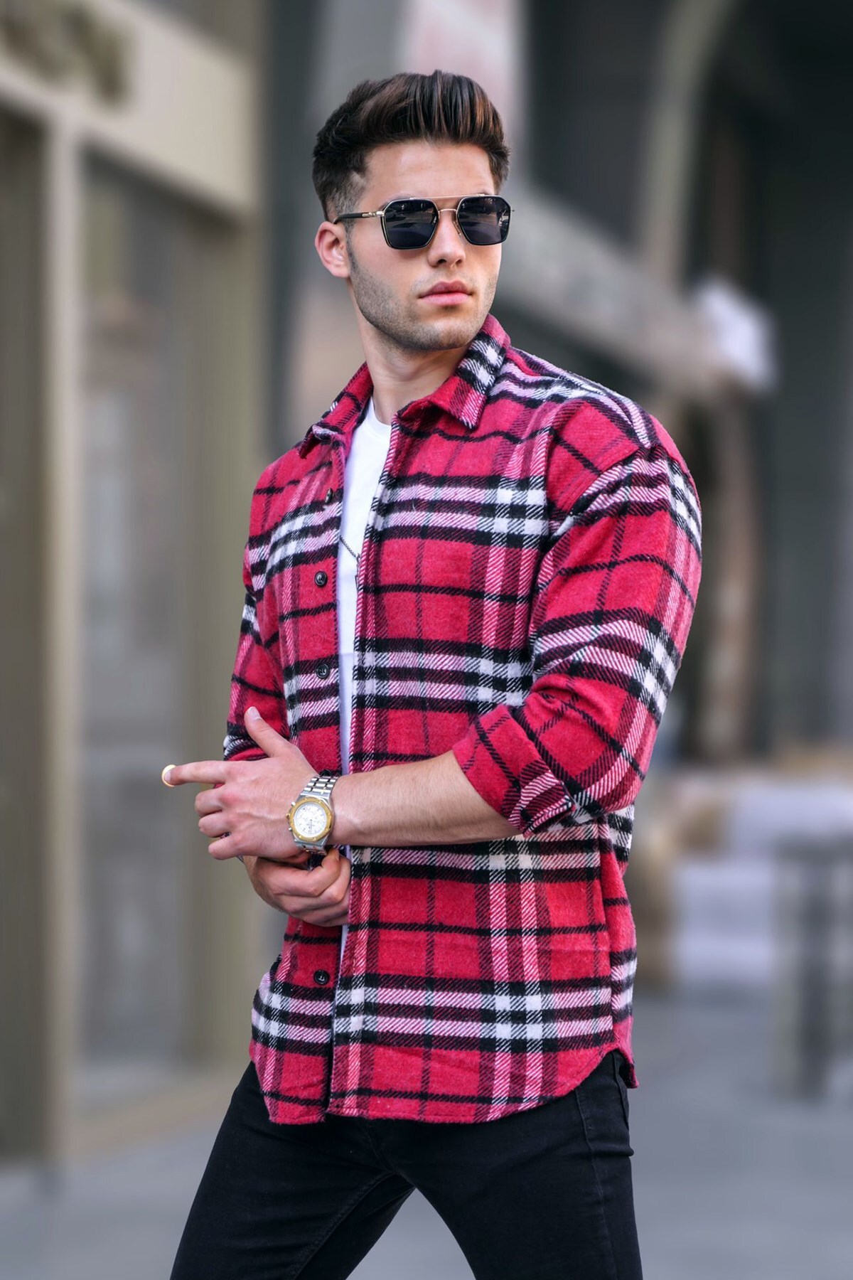ژاکت بژ طرح چهارخانه یقه پیراهنی مدل آستین بلند مردانه مدمکست Madmext (برند ترکیه)