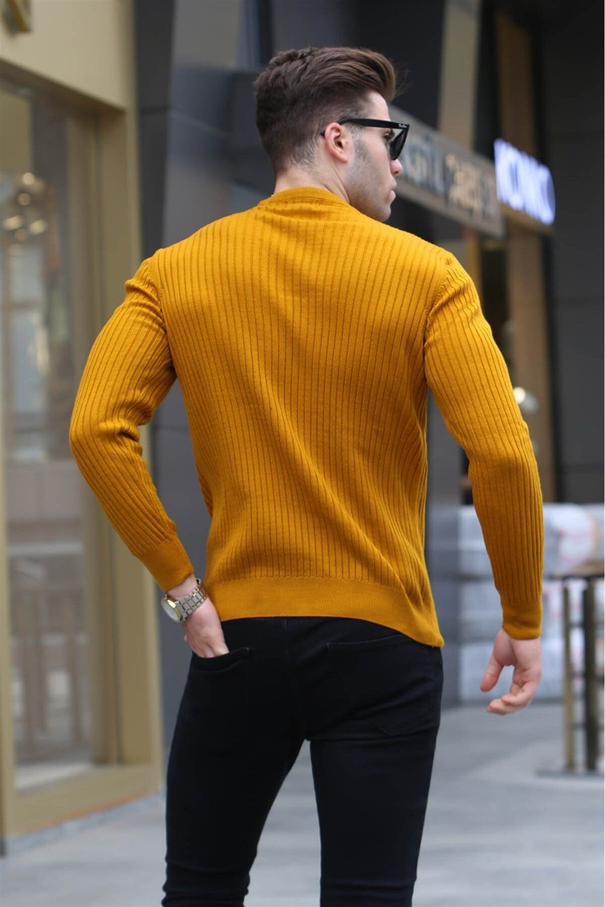 Mens yellow sweater outfit hot sale