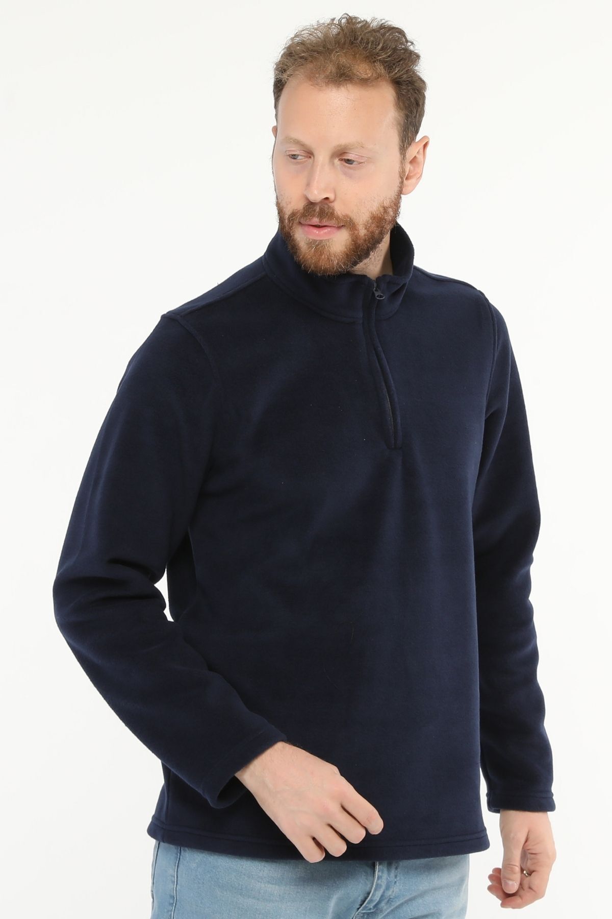 Uniprom-Men's Regular Cut Stand Collar Half Zipper Fleece Sweatshirt Navy Blue 6