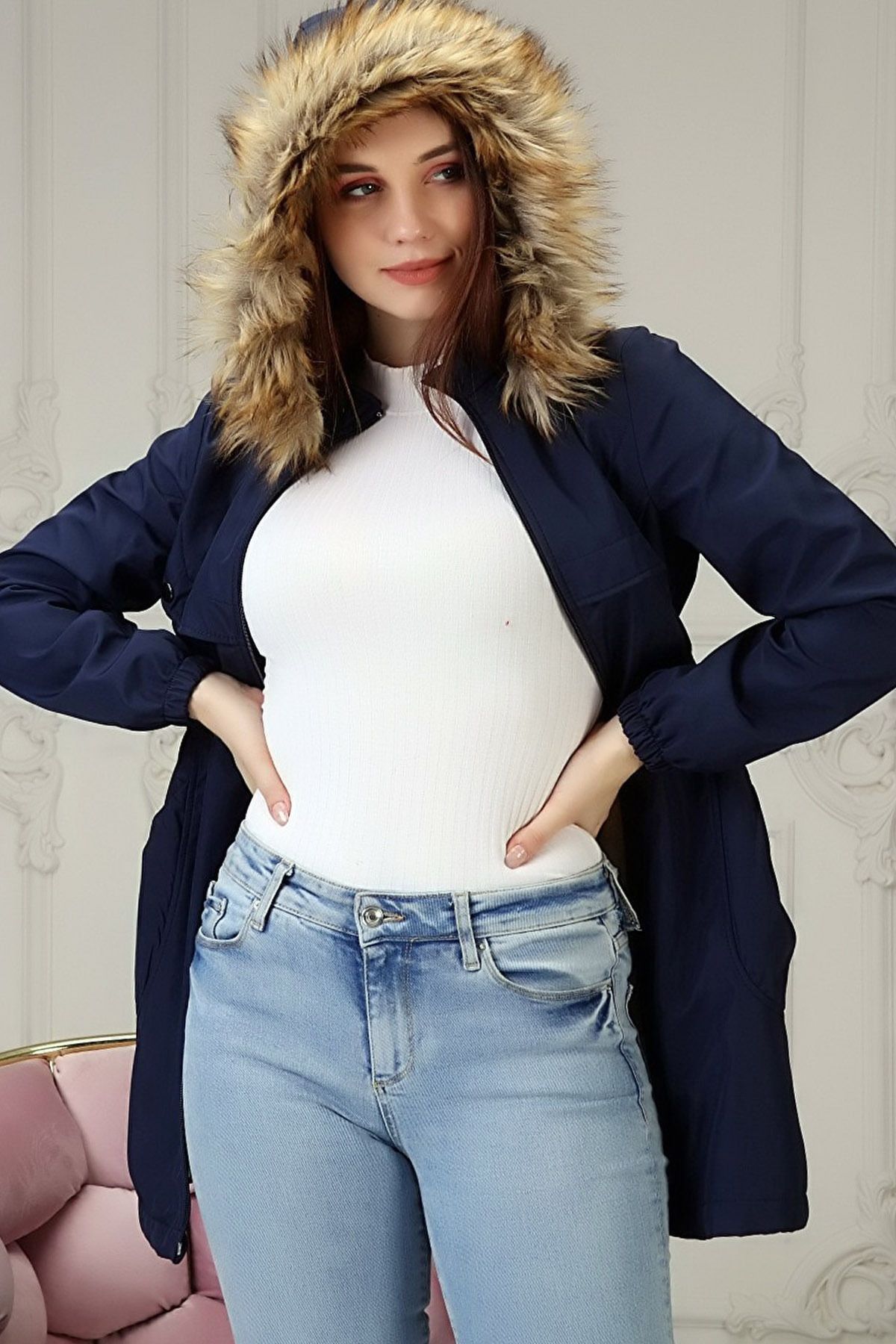 CoolLook-Long Sleeve Midi Length Basen Sweater Coat with Drawstring Waist and Fur Inside Chest Detail Pockets 2