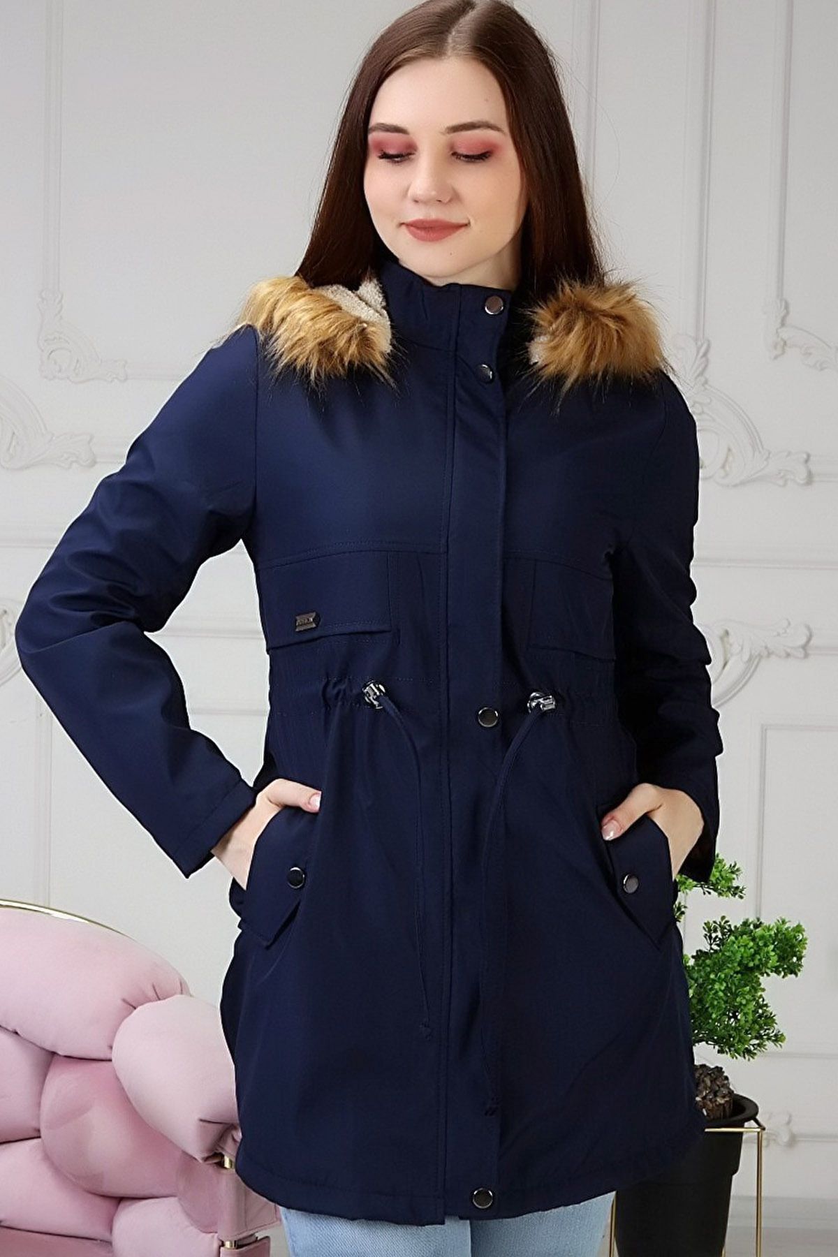 CoolLook-Long Sleeve Midi Length Basen Sweater Coat with Drawstring Waist and Fur Inside Chest Detail Pockets 5
