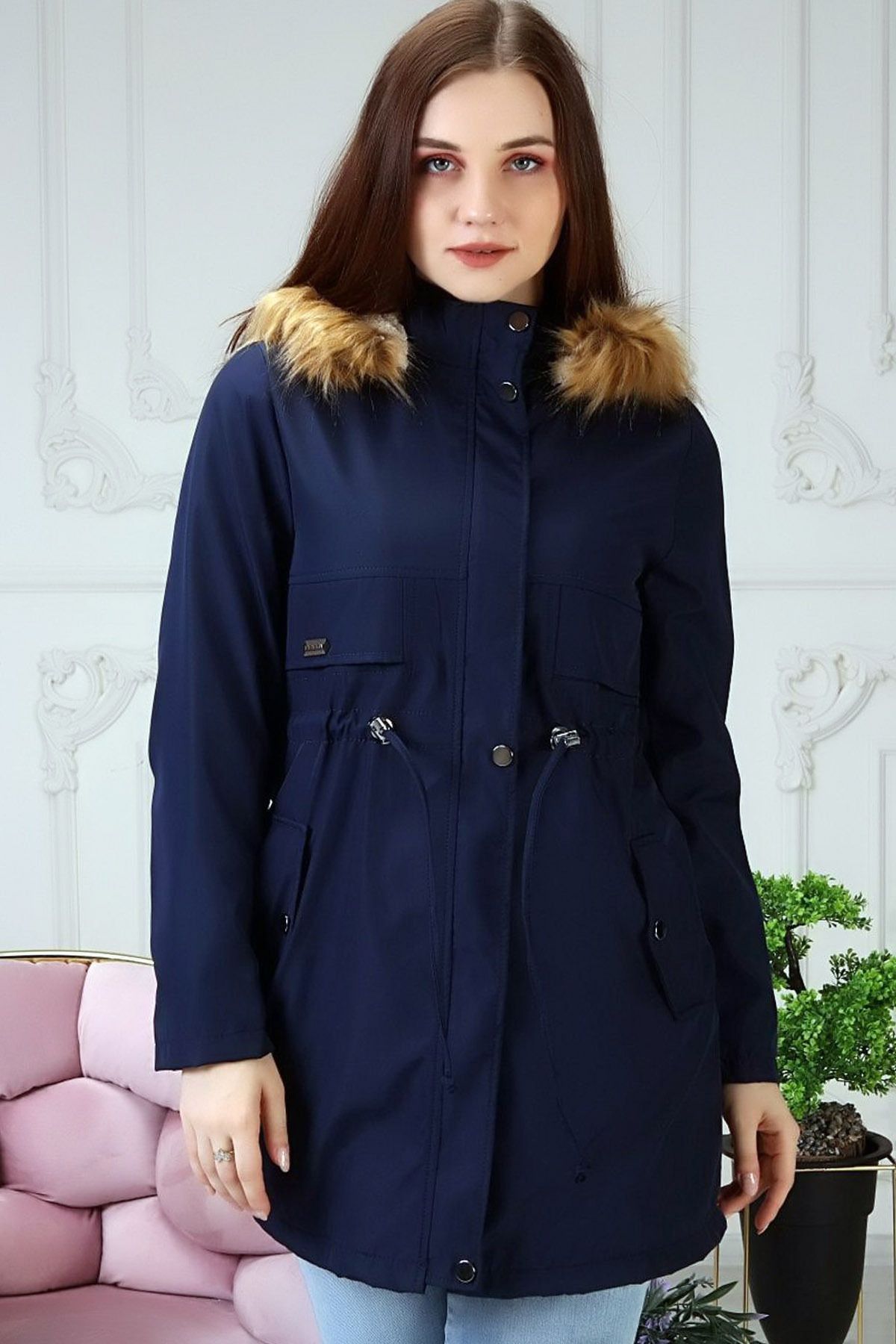 CoolLook-Long Sleeve Midi Length Basen Sweater Coat with Drawstring Waist and Fur Inside Chest Detail Pockets 3