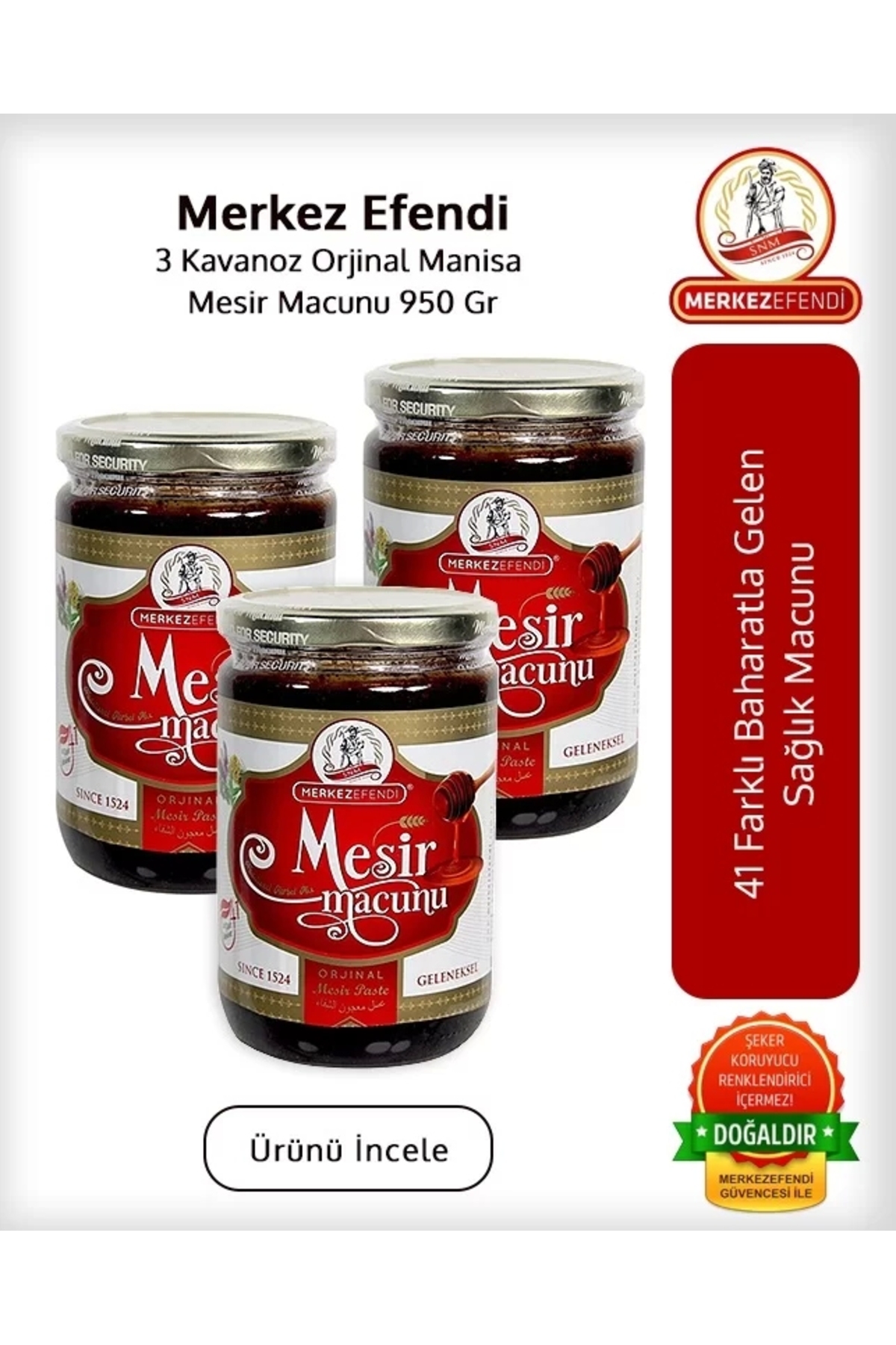 Merkez Efendi 3 Kavanoz Orjinal Manisa Mesir Macunu 950 Gr
