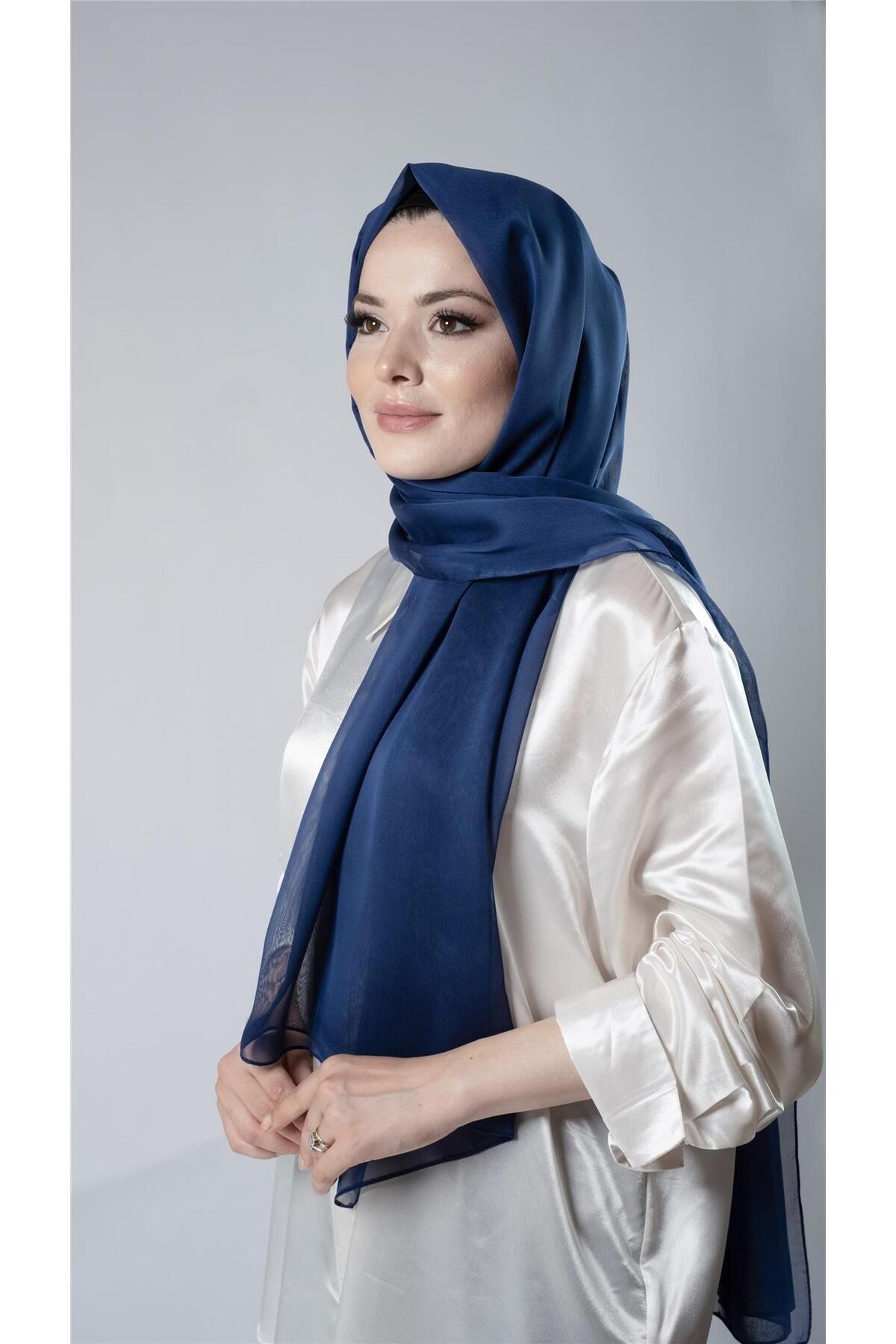 H RREM BONE Navy Blue Plain Classic Shawl Chiffon Fabric Janjan