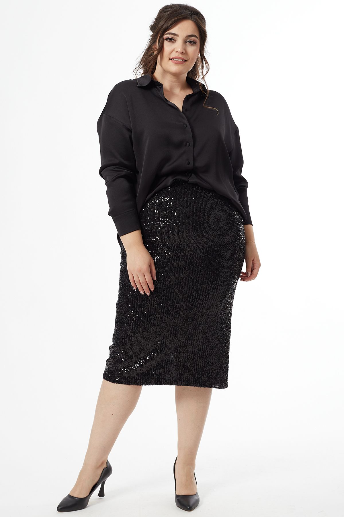Moda Alba BLACK WOMEN S KNITTED LINED ELASTIC WAIST PULLED PAYET LARGE SIZE PENCIL SKIRT Trendyol