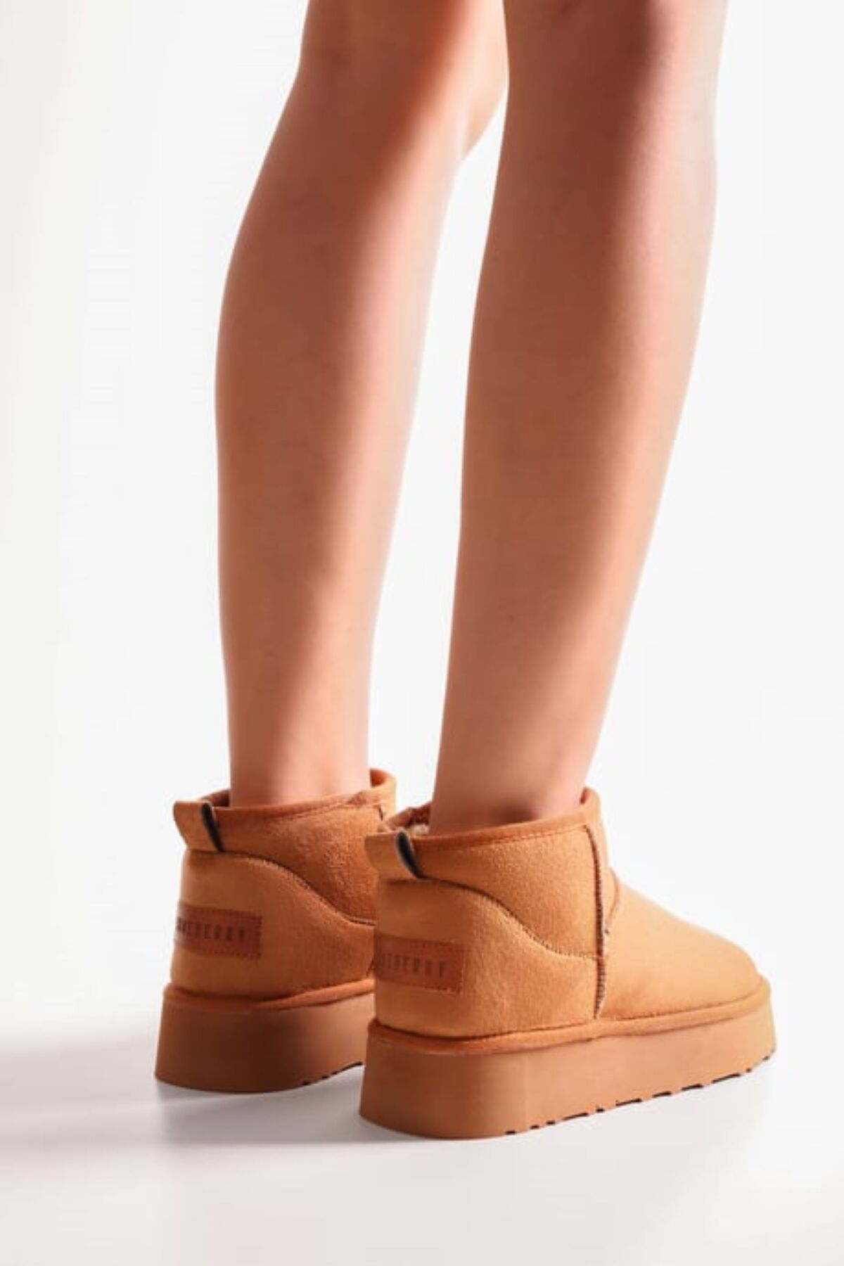 SOLMAZ-UGGYS TAN SHORT SUEDE BOOTS WITH FEATHER INSIDE 3